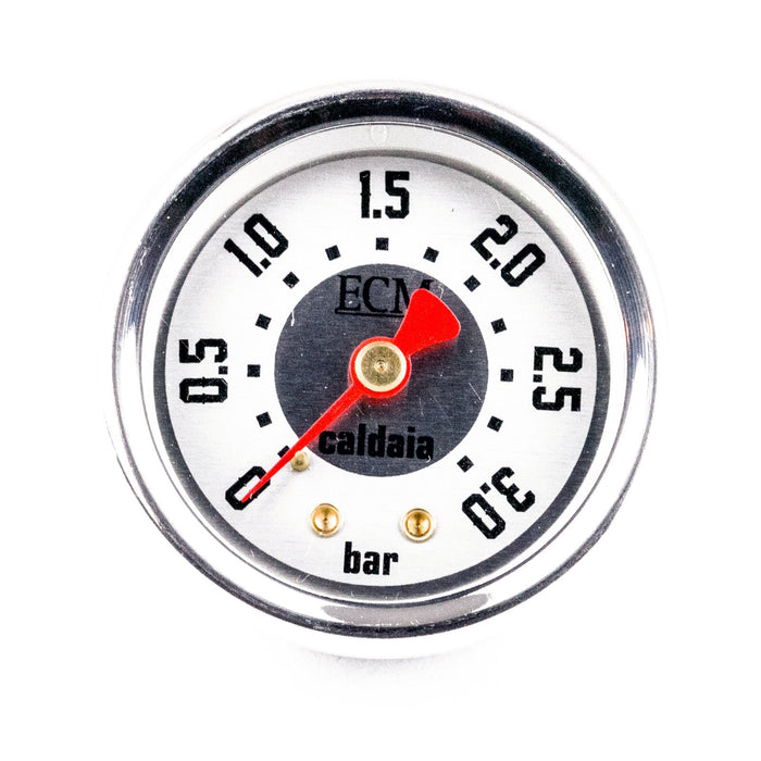ECM steam boiler pressure gauge close up with dial and red needle