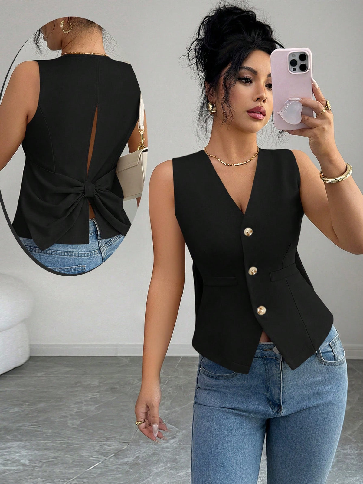 Elenzga Women's Elegant Summer Office Tank Top,Black And Gold V-Neck Sleeveless Fitted Slim Fit Vest,Solid Color Bow Tie Back Flattering Top For Commuting