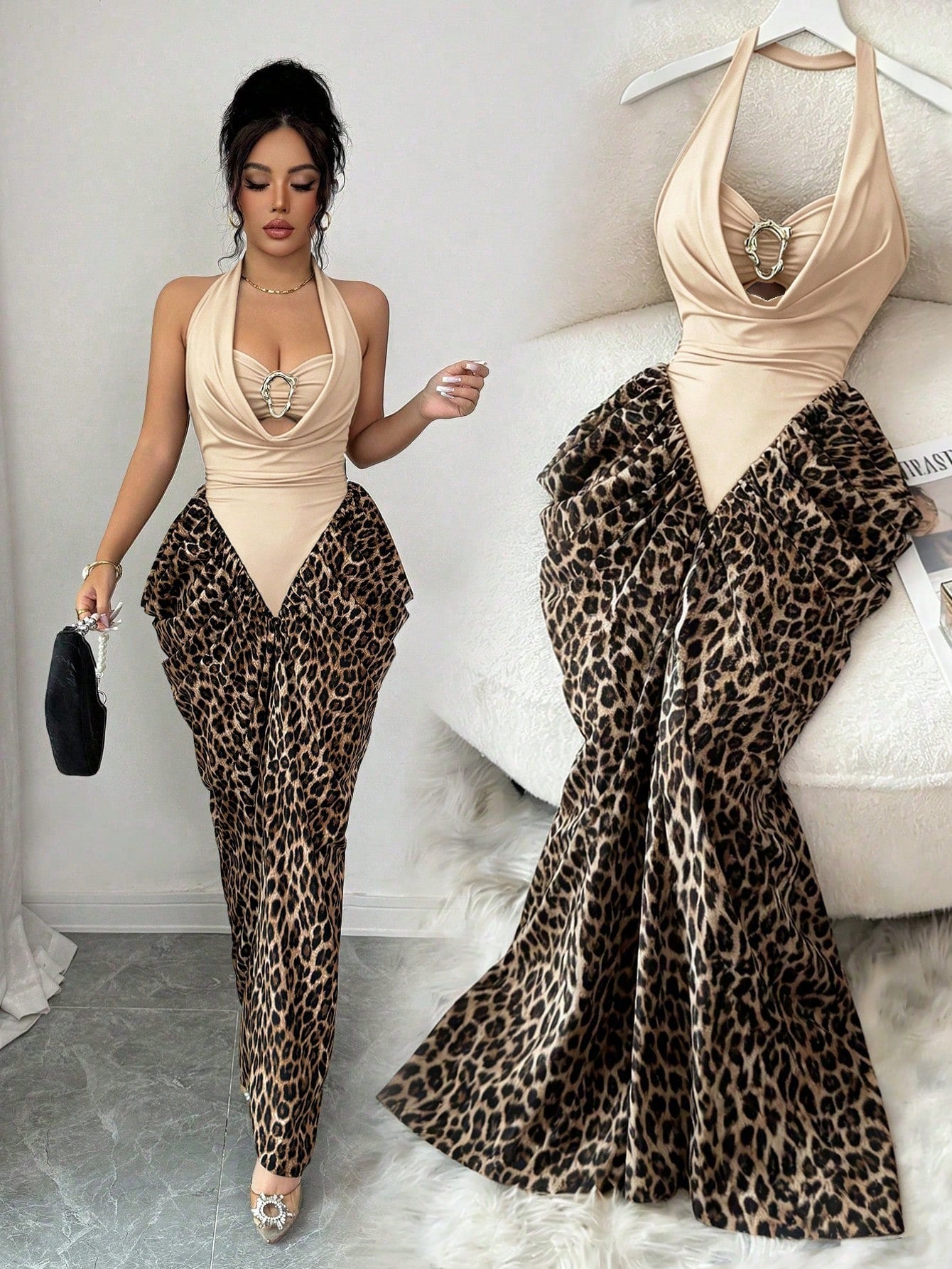 Elenzga Women's Spring/Summer Sexy Halter Tie-Up Leopard Print Patchwork Asymmetrical Design Bodycon Dress