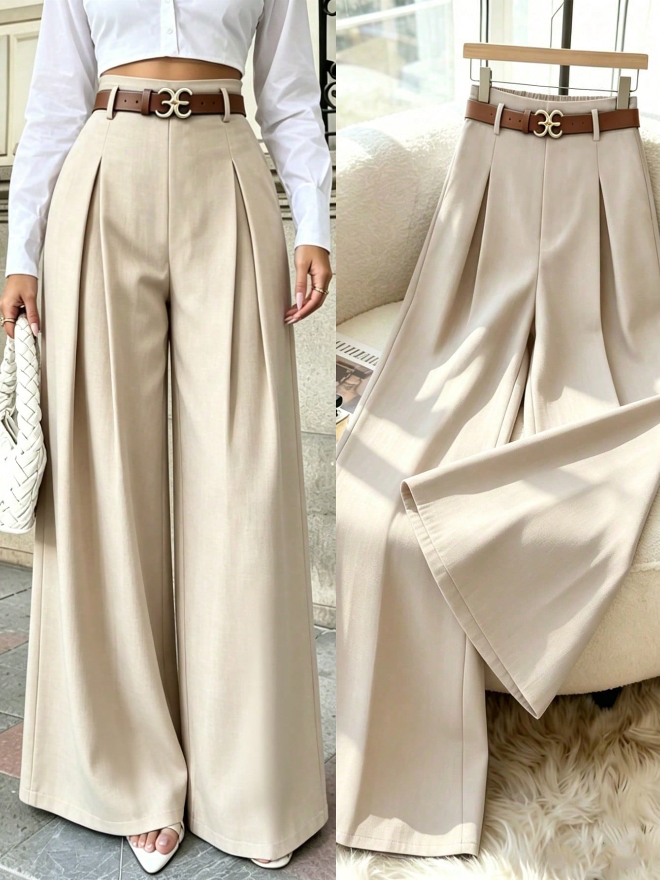 Elenzya Women's Elegant Office Suit Pants,High-Waisted Beige Summer Striped Pleated Elastic Waist Loose Wide Leg Casual Trousers For Daily Commute Fashion