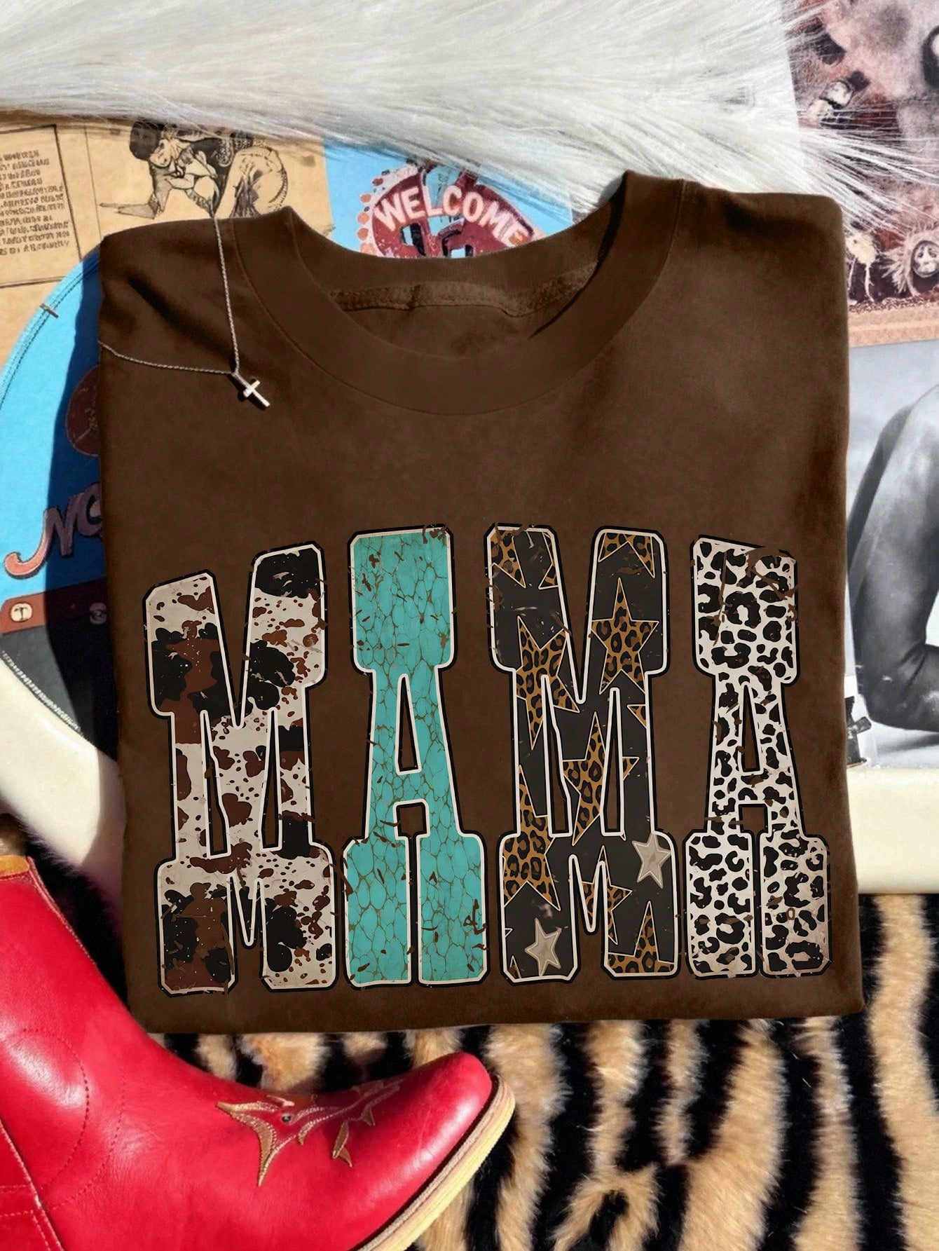EMERY ROSE Western Wind Leopard Pattern Snake Pattern MAMA Printed Casual Plus Size T-Shirt