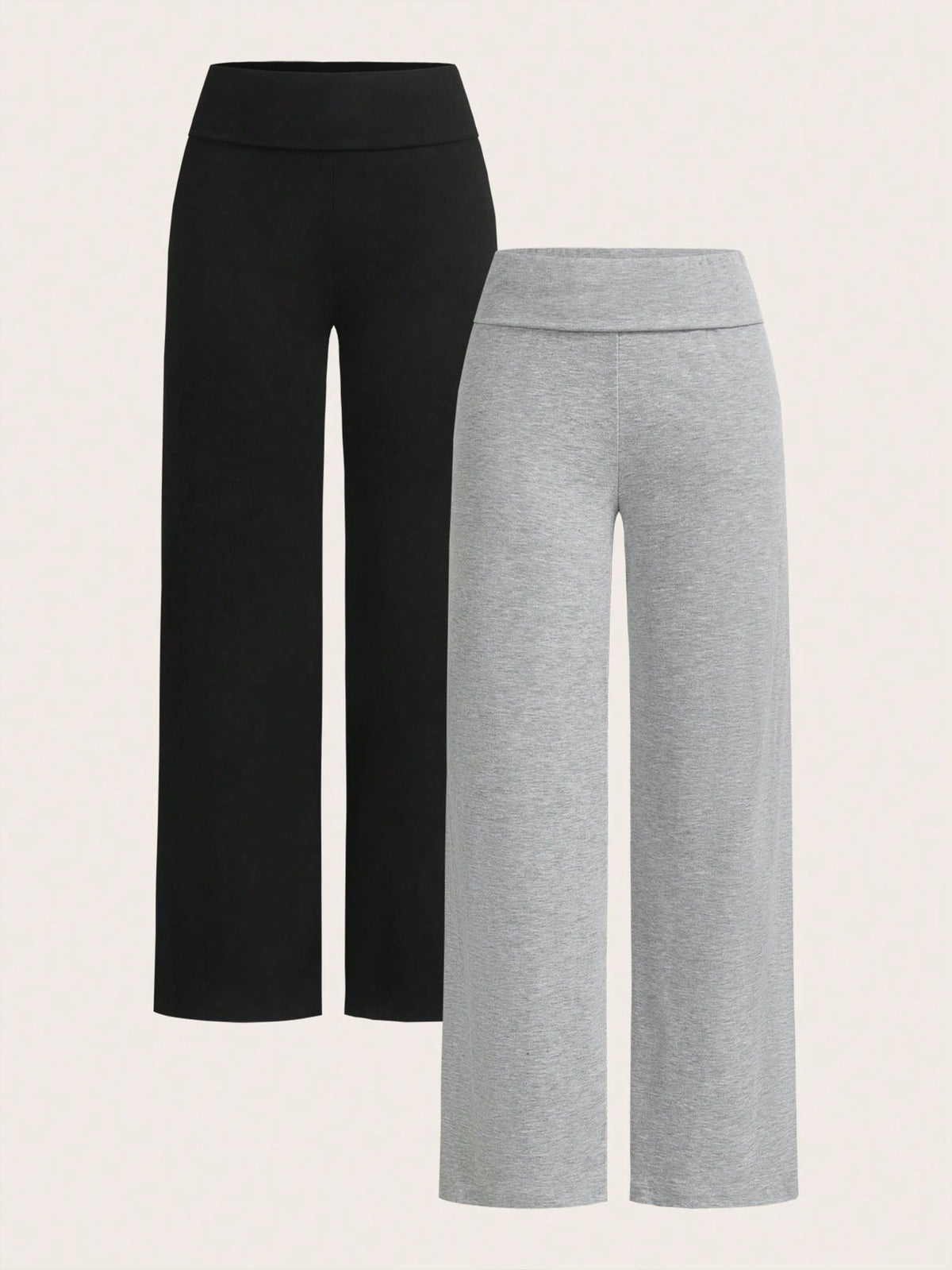 EZwear 2pcs Women Casual High Waisted Cuffed Wide Leg Straight Pants, Suitable For Summer Fall Clothes Winter Clothes Sportswear Black Grey