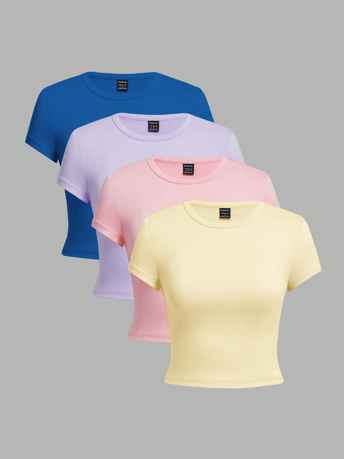 EZwear 4pcs/Set Casual Round Neck Short Sleeve Fitted Women T-Shirts, Suitable For Summer, Top Back-To-School School Aqua Blue Light Pink Pastel Yellow