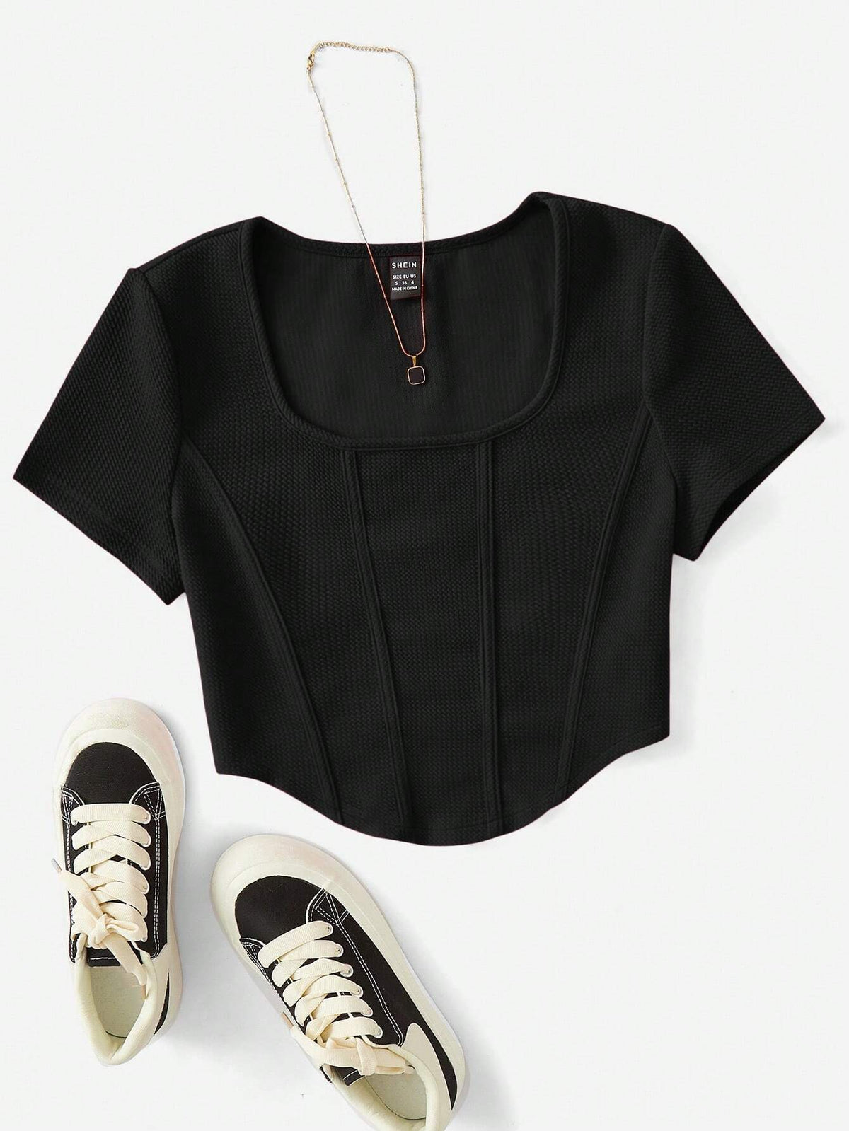 EZwear Square Neck Seam Detail Bandana Hem Tee