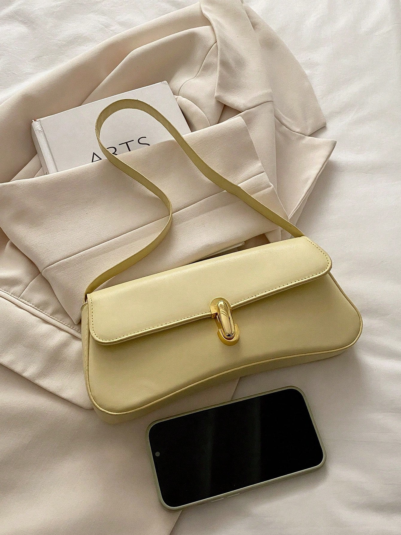 Fashionable Solid Color Metal Decor Shoulder Bag, Versatile Minimalist Chic Underarm Handbag For Women, Suitable For Shopping Yellow