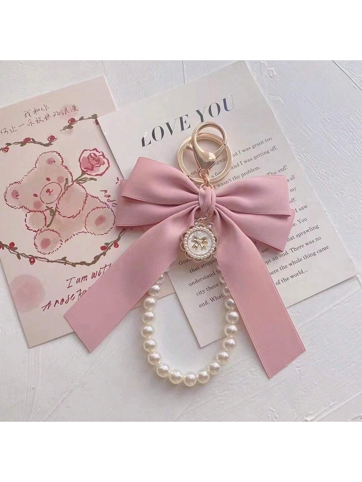 Faux Pearl Bow Mobile Phone Keychain Versatile Bag Accessory Bows Valentines