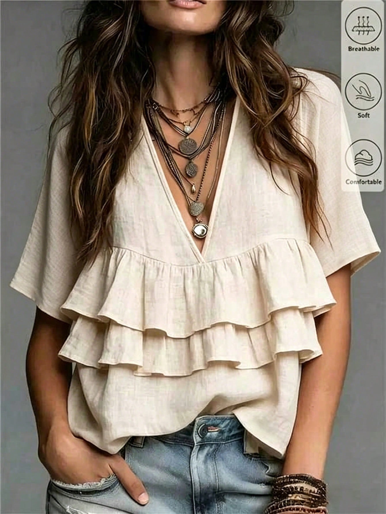 Fiorisel Women's Casual Vacation Style Textured Multi-Layer Ruffle Hem Blouse