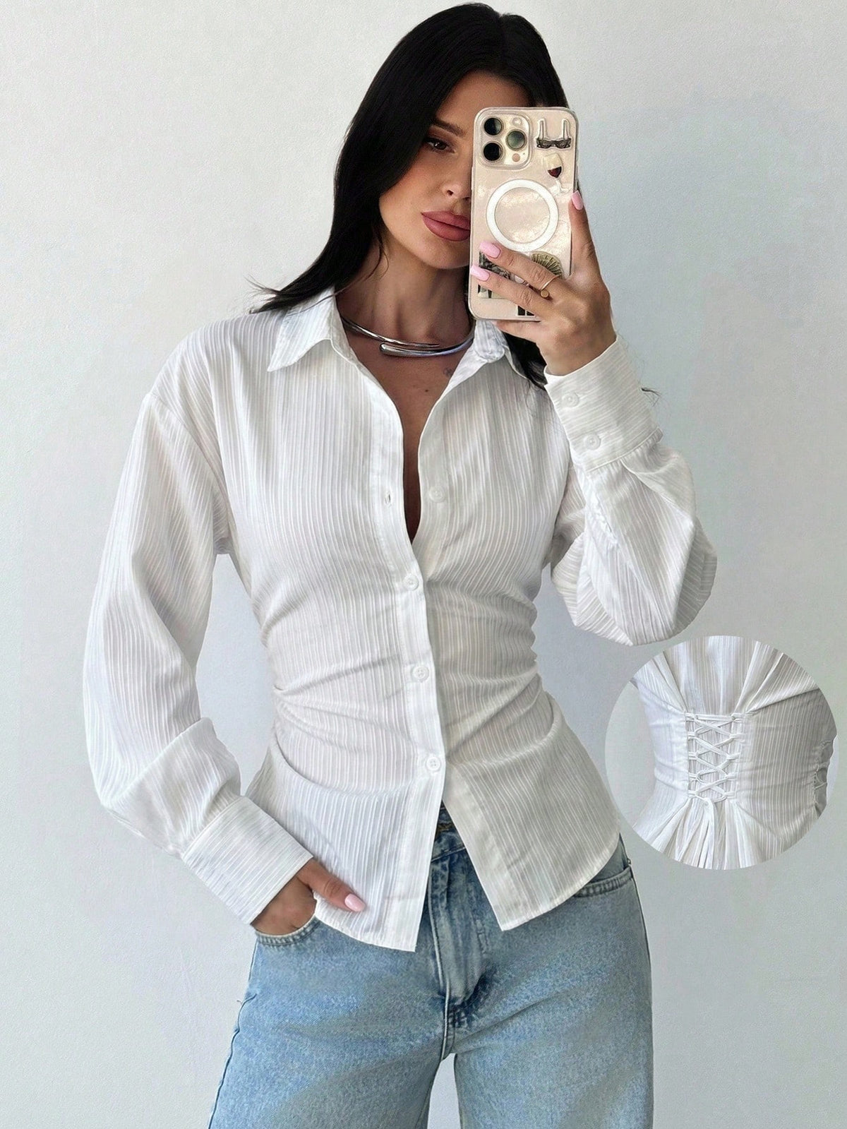 Firerie Women's Elegant White Long Sleeve Striped Shirt,Tie-Waist Cinched Autumn Blouses,Casual Office Work Attire,Bohemian Teachers' Day Commuter Blouse