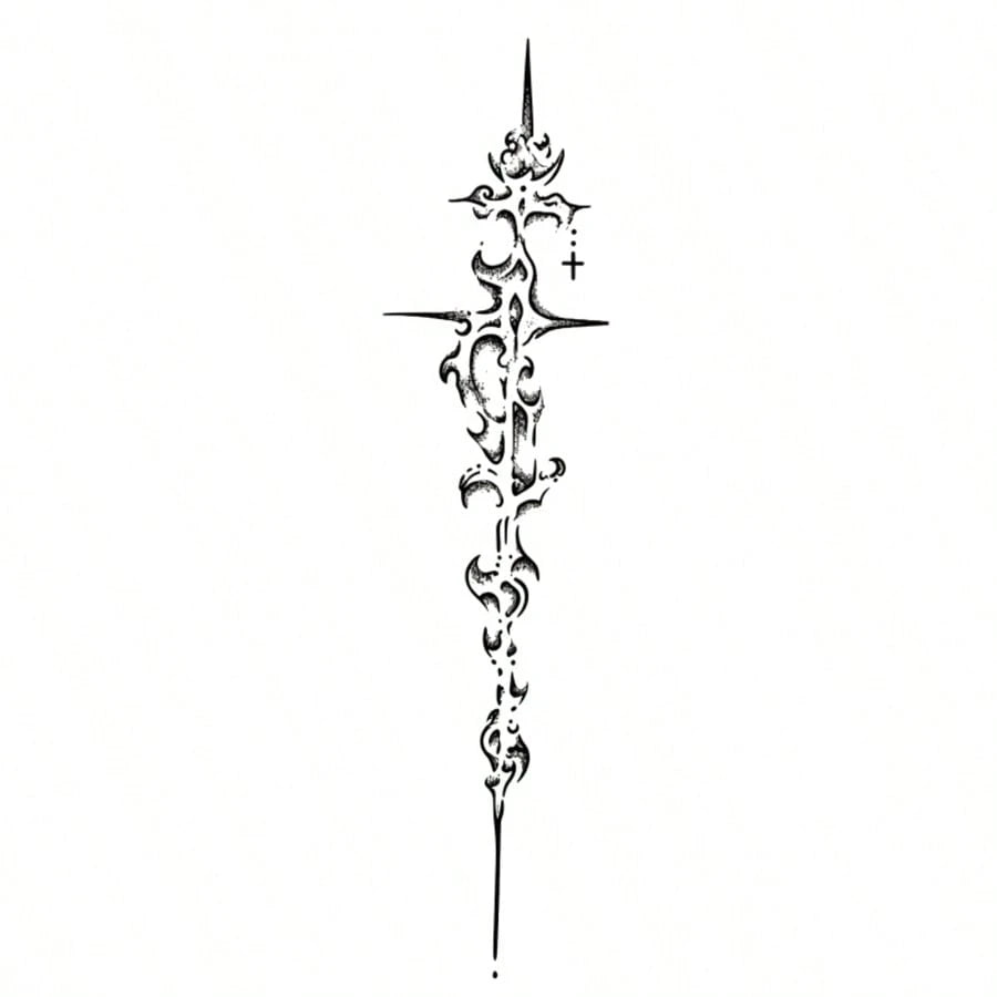 Gothic Bible Sword Temporary Tattoo- Lasts 1-2 Weeks, Easy To Apply And Remove, Bold Dark Icon Design With Intricate Sword And Cross Patterns