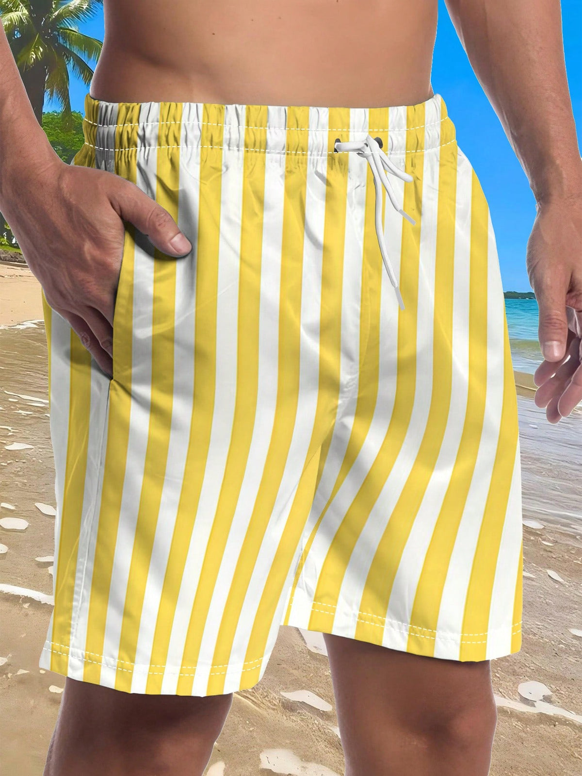 Hawaiian Style New Summer Men's Bright Yellow And Pure White Vertical Stripe Pattern Print Beach Shorts, Versatile Casual Sport Shorts For Seaside