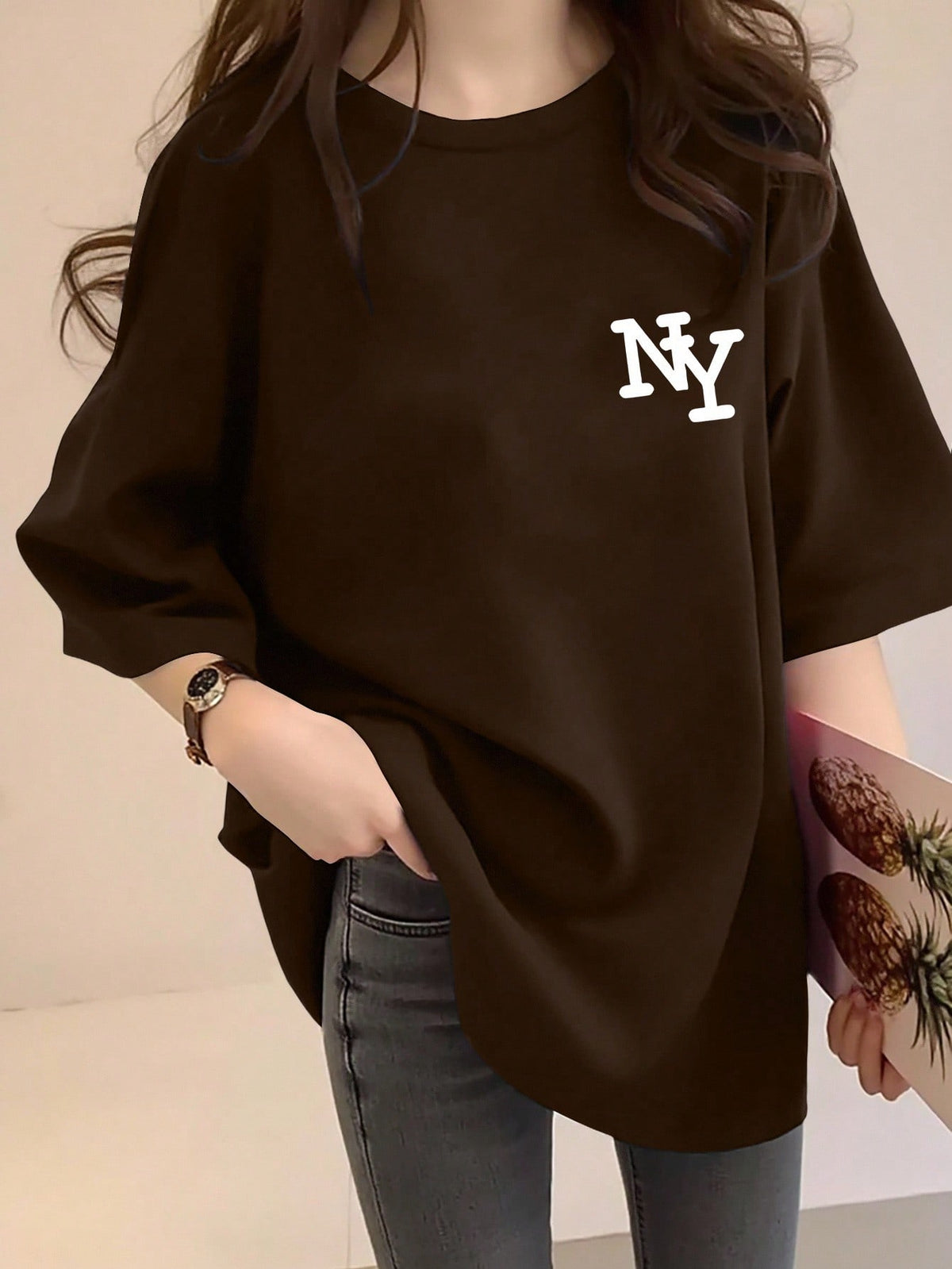 INAWLY Women's Rust Brown NY Letter Print Loose Crew Neck Short Sleeve T-Shirt, Casual Summer Top, Elegant & Comfortable Design, Suitable For Casual Outings