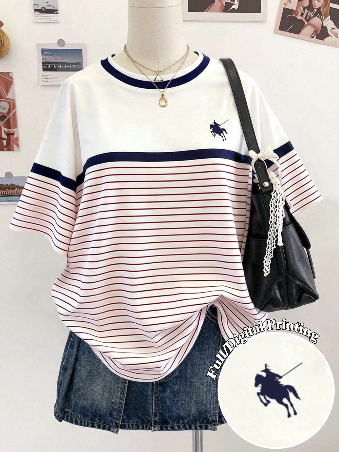 Lalippa Women's Summer Striped Contrast Color & Centaur Print T-Shirt