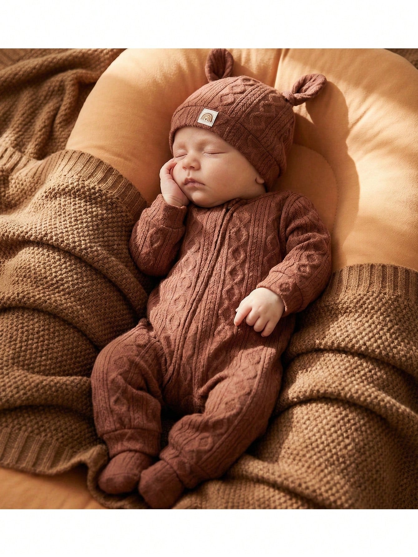 Loomiva Newborn Baby Girl 2pcs Set Soft Knitted Decorative Jacquard Crew Neck Long Sleeve Romper And Hat Warm Baby Clothes Baby Knitted Outfit