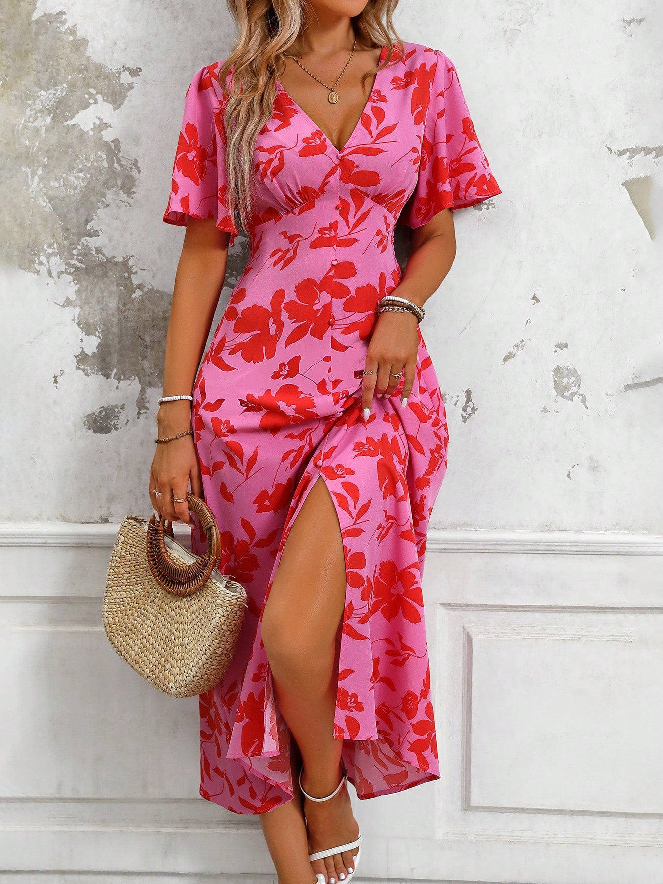 LUNE Women's Tropical Plant Print V-Neck Ruffle Short Sleeve Long Elegant Dress With Side Slit Hem, Perfect For Vacation Maxi Women Outfit