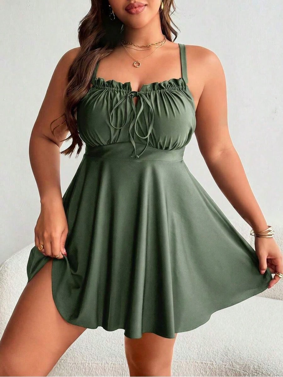 Lushoire Plus Size Women Black Ruffle Front Tie Bow Spaghetti Strap ALine Swim Dress,Classy Formal Evening Summer Beach Tummy Control Flattering Swimd
