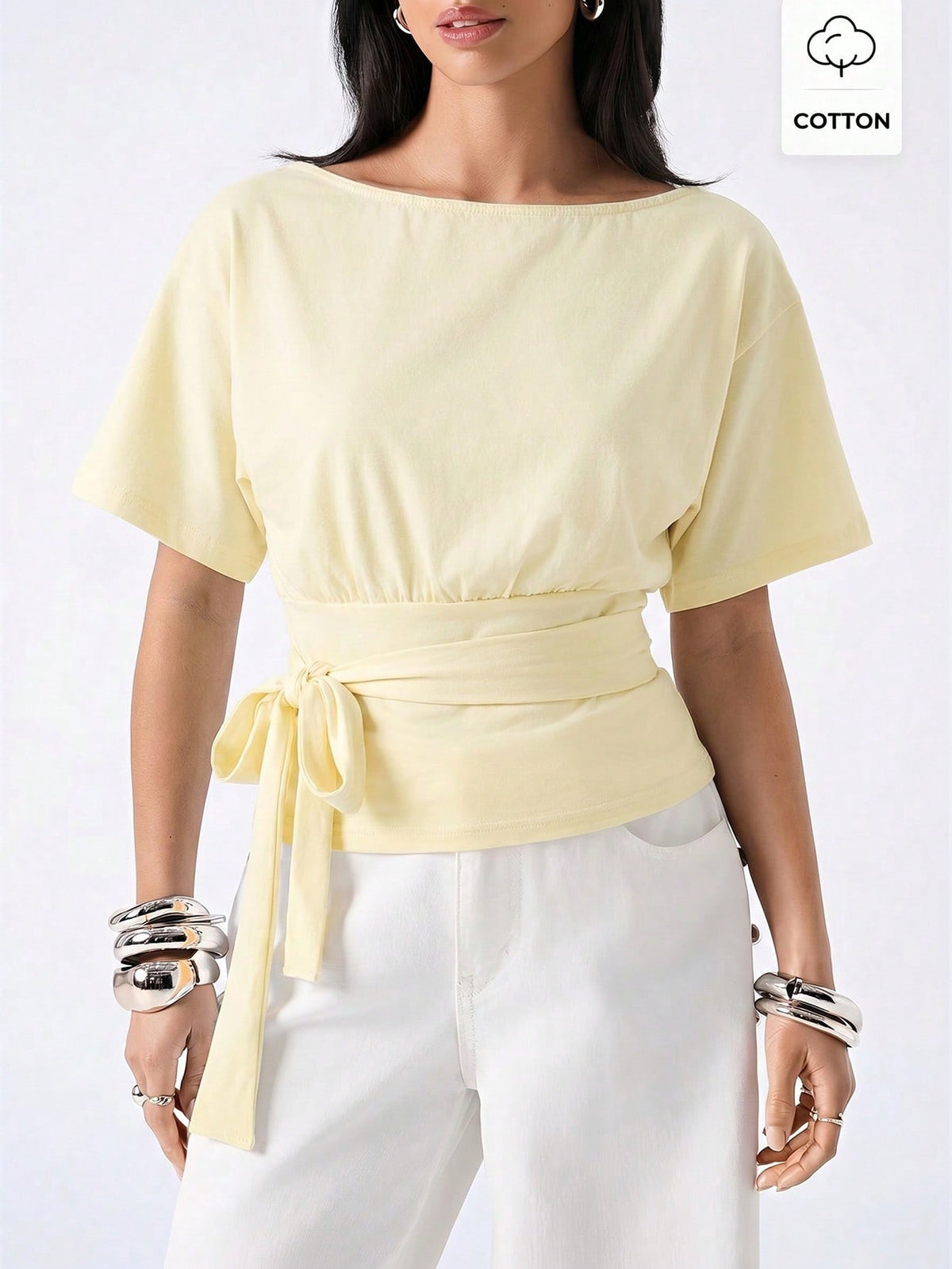 LYSMO Women's Casual Pale Yellow Solid Color Twist Pleated Waist T-Shirt, Suitable For Daily Commute,Summer Top