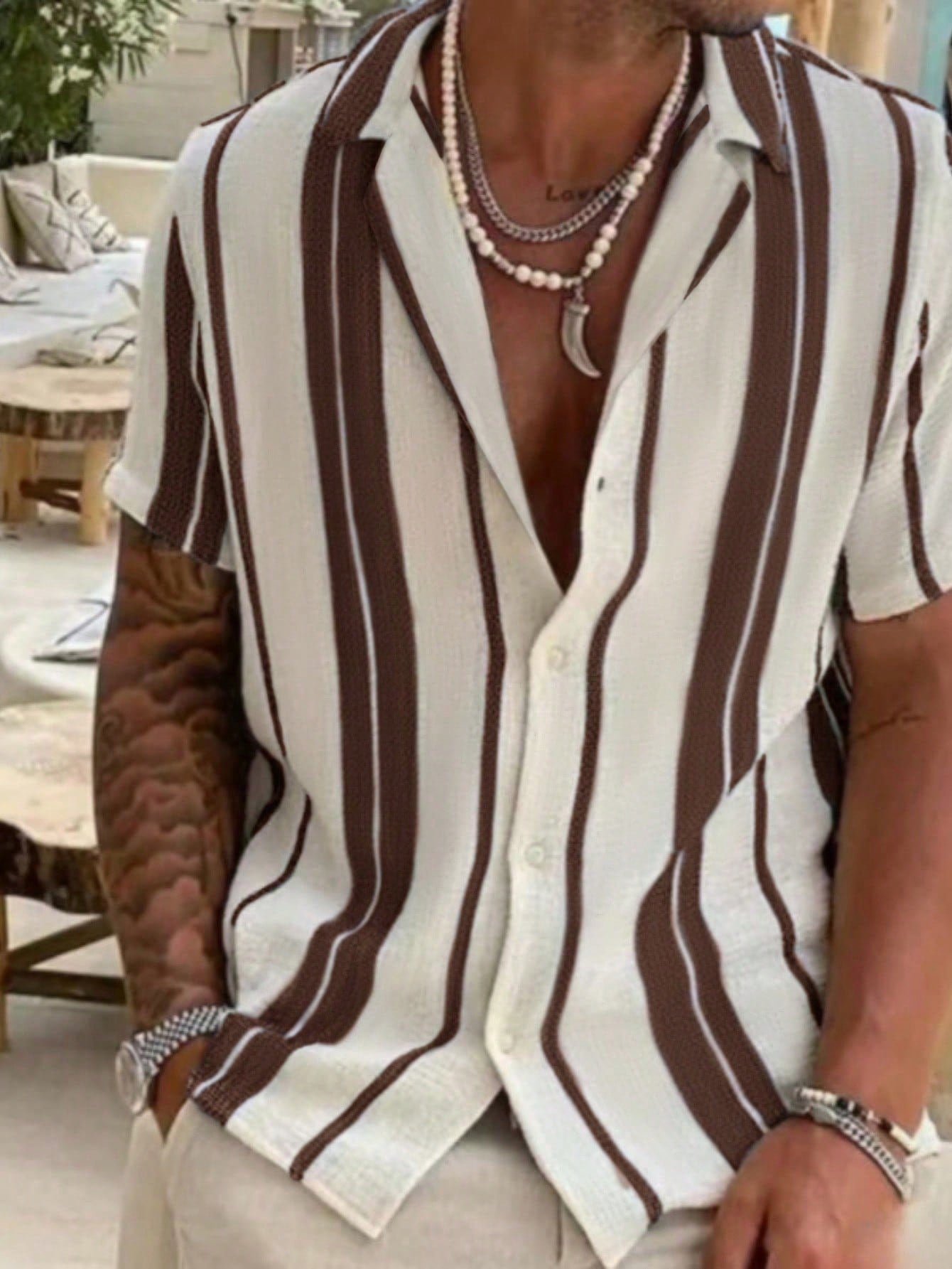 Men's Casual Colorblock Striped Short Sleeve Shirt, Comfortable Vacation Style, Resort Wear