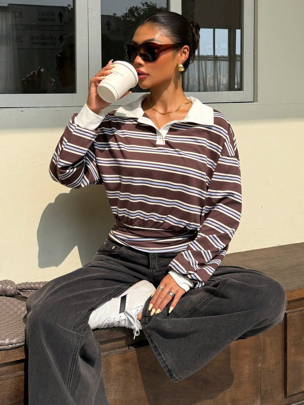 Muchica Coffee Blue Beige Stripe Polo Collar Long Sleeve T-Shirt Casual Winter Vacation Sports Basic Top Y2K Streetwear Going Out & Lounge Outfit For Women