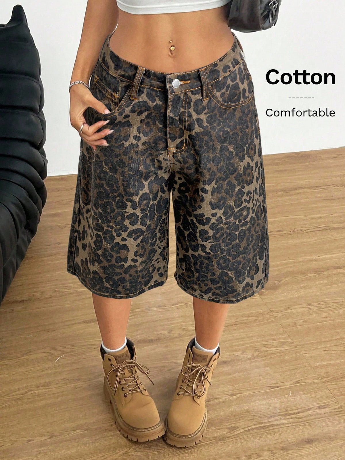 Muchica Women's Leopard Print Woven Pocket Casual Versatile Fashion Shorts
