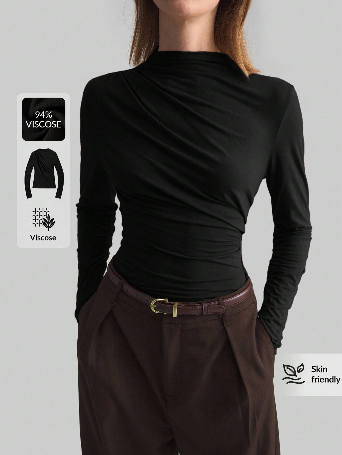 Ontre 2026 Spring/Summer New Coffee Asymmetric Ruched Collar Basic Long Sleeve Top, Minimalist Urban Business Casual Wear For Women Office