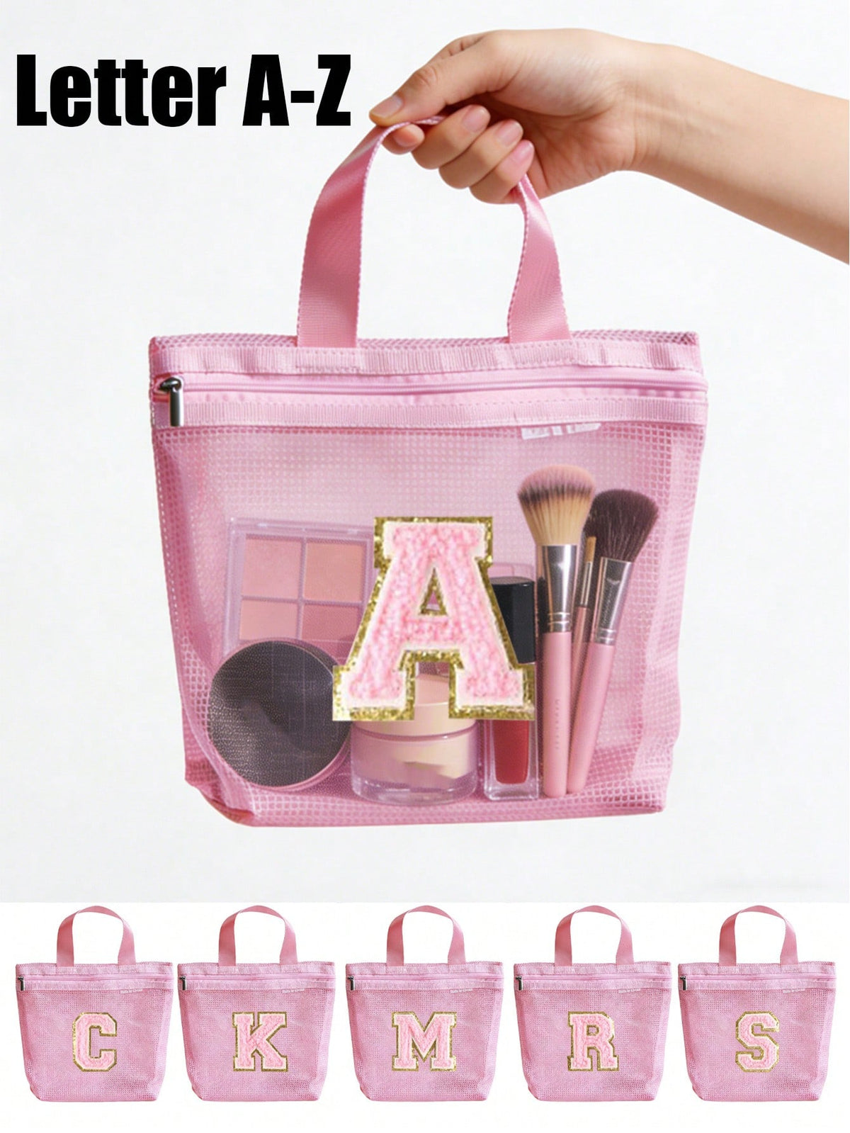 Pink Travel Toiletry Bag, With Embroidered Initial Towel, Durable Nylon Material, Mesh Design, Can Be Used As Handbag, Tote Bag, Ladies' Portable Zipper Storage Bag, Cosmetic Bag, Waterproof Multi-Fun
