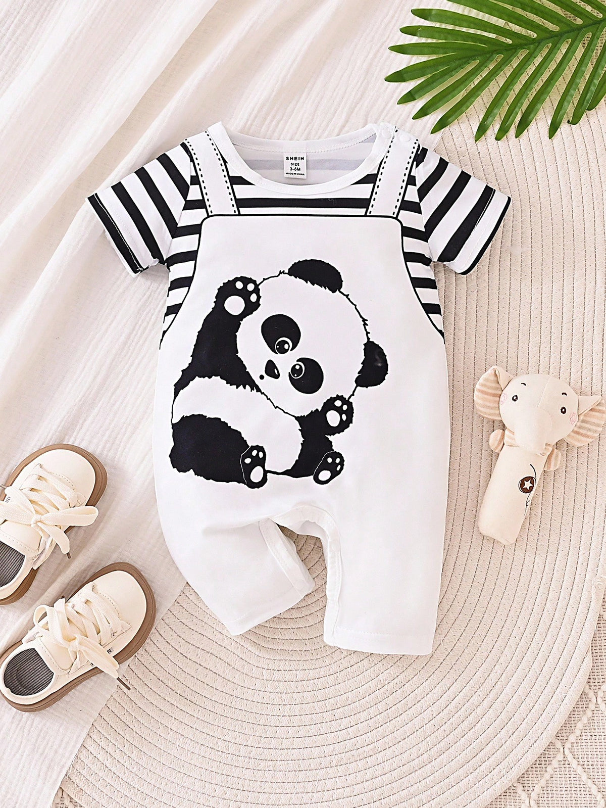 Playful Pals Baby Boys' Short Sleeve Striped Romper With Cartoon Panda Print, Summer