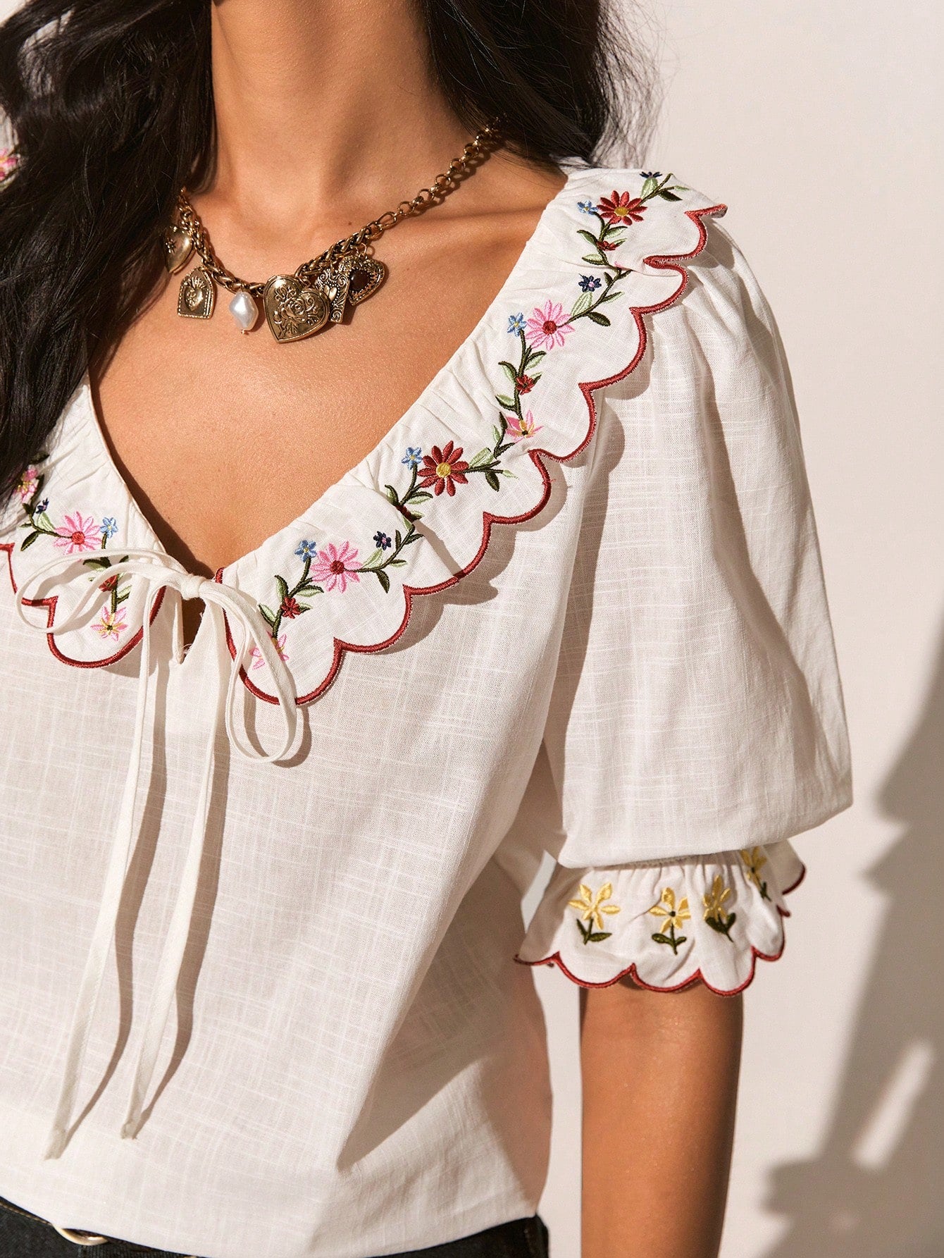 Poéselle Women's White Floral Embroidered Short Sleeve Cotton Blouse,Summer Casual Cute Top,Elegant Party Top,Vacation Beach Office Daily Wear