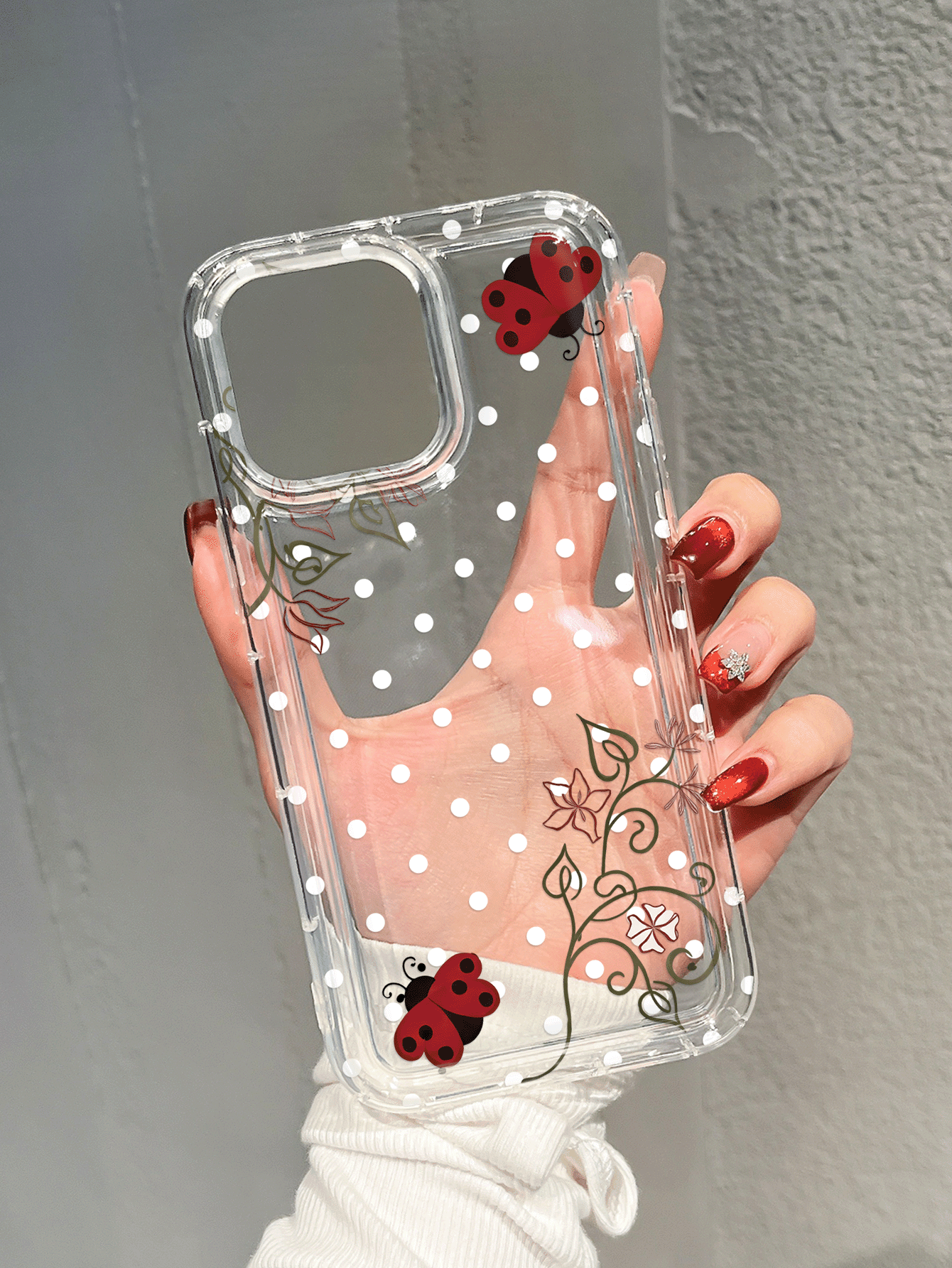 Polka Dot Ladybug & Floral Transparent Shock-Proof Phone Case Compatible With 17 Pro Max, 17 Air, 17, 16 Pro Max, 16 Pro, 15 Pro Max, 15 Pro, 13 Pro Max, 12 Pro Max, S25, S24, S23 Ultra, A55 5G, A54 5