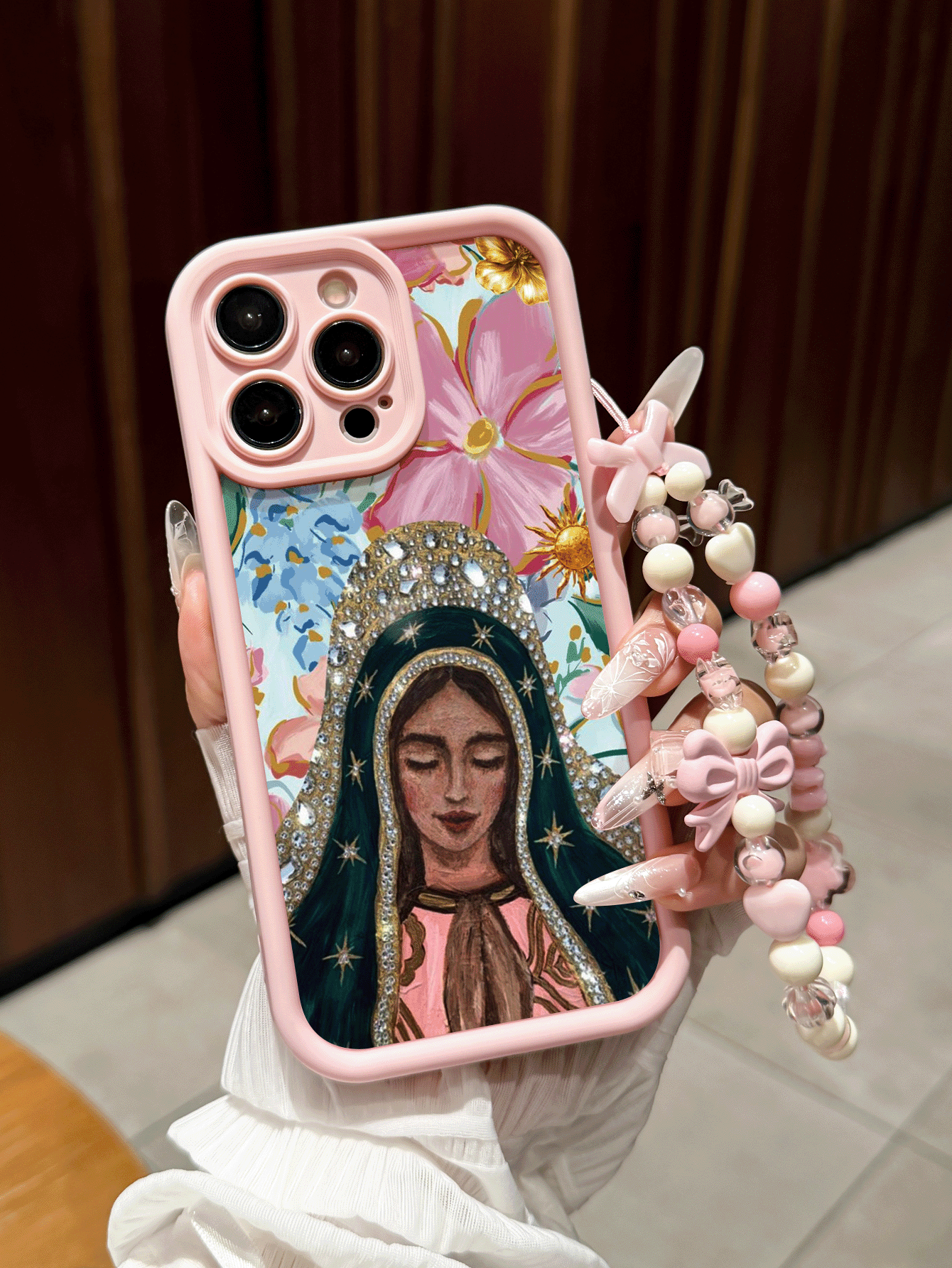 Religious Virgin Mary Pattern With Phone Lanyard Anti-Drop Pink Phone Case Compatible With Apple 17/16 Pro Max/15 Pro Max/13 Pro/14/13/16 12/11 Pro Max/XS Max/X/XR/8/14 Plus, Suitable As Birthday Gift