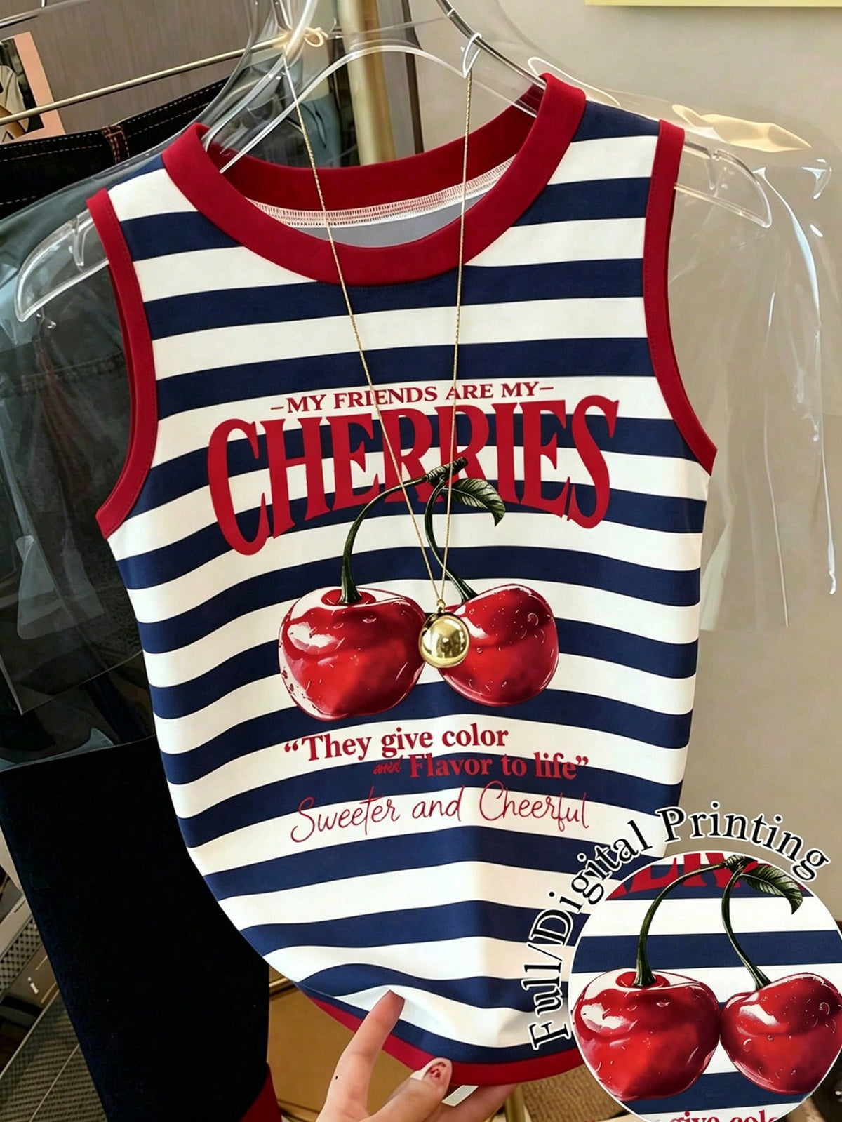 Resyla Summer Casual Colorblock Striped Cherry Slogan Print Tank Top