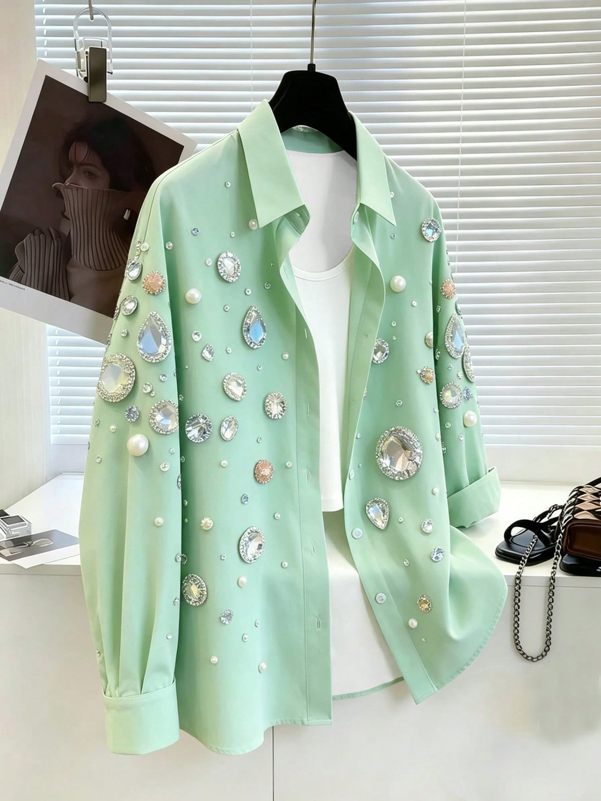 Resyla Women's Rhinestone Print Single-Breasted Casual Versatile Daily Wear Blouse