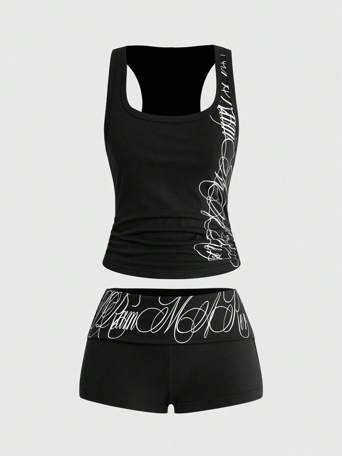 ROMWE Grunge Punk 2pcs/Set Punk Cross Slogan Crop Top & Super Low-Rise Mini Shorts, Music Festival Outfit