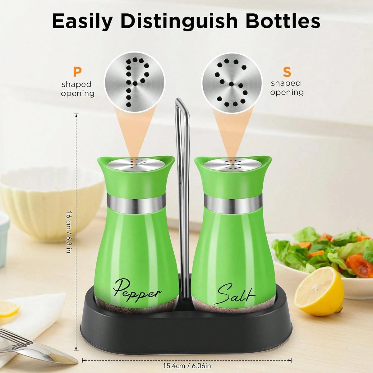 Salt And Pepper Shakers, Farmhouse Salt And Pepper Shakers Set With Holder, Electroplated Handle, 4 Oz Stainless Steel Glass Bottle Dispenser, For Table, RV, Camp, BBQ (Yellow)