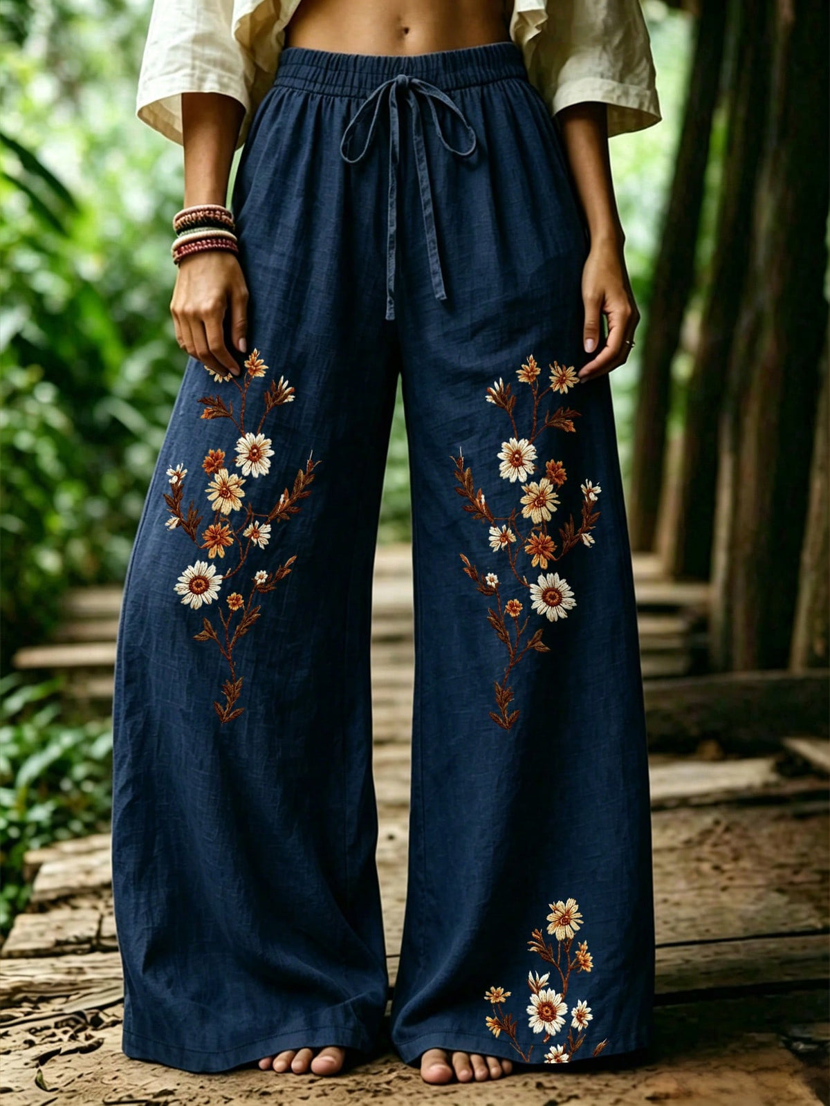 Selamara Bohemian Style Coffee-Colored Daisy Faux Embroidery Long Pants, Summer Vintage Pastoral High-Waist Elastic Waist Loose Drape Wide-Leg Pants