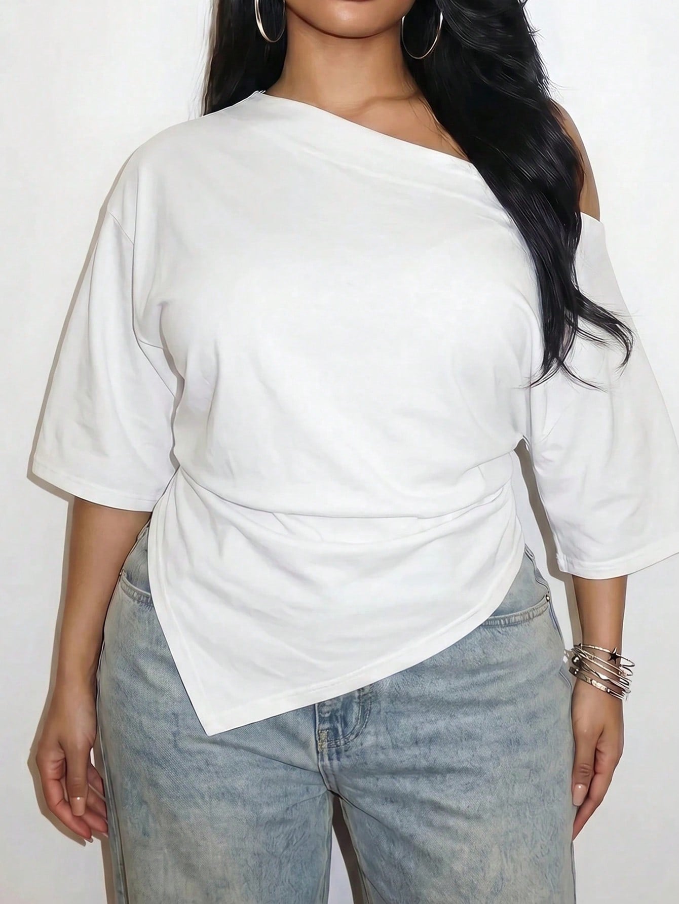 Slaydiva Plus Size Women's White Summer Smart Casual Night Top,Asymmetrical Shoulder 3/4 Sleeve Waist Ruched Slit Hem Elegant Beach Semi Formal Bussines Cruise