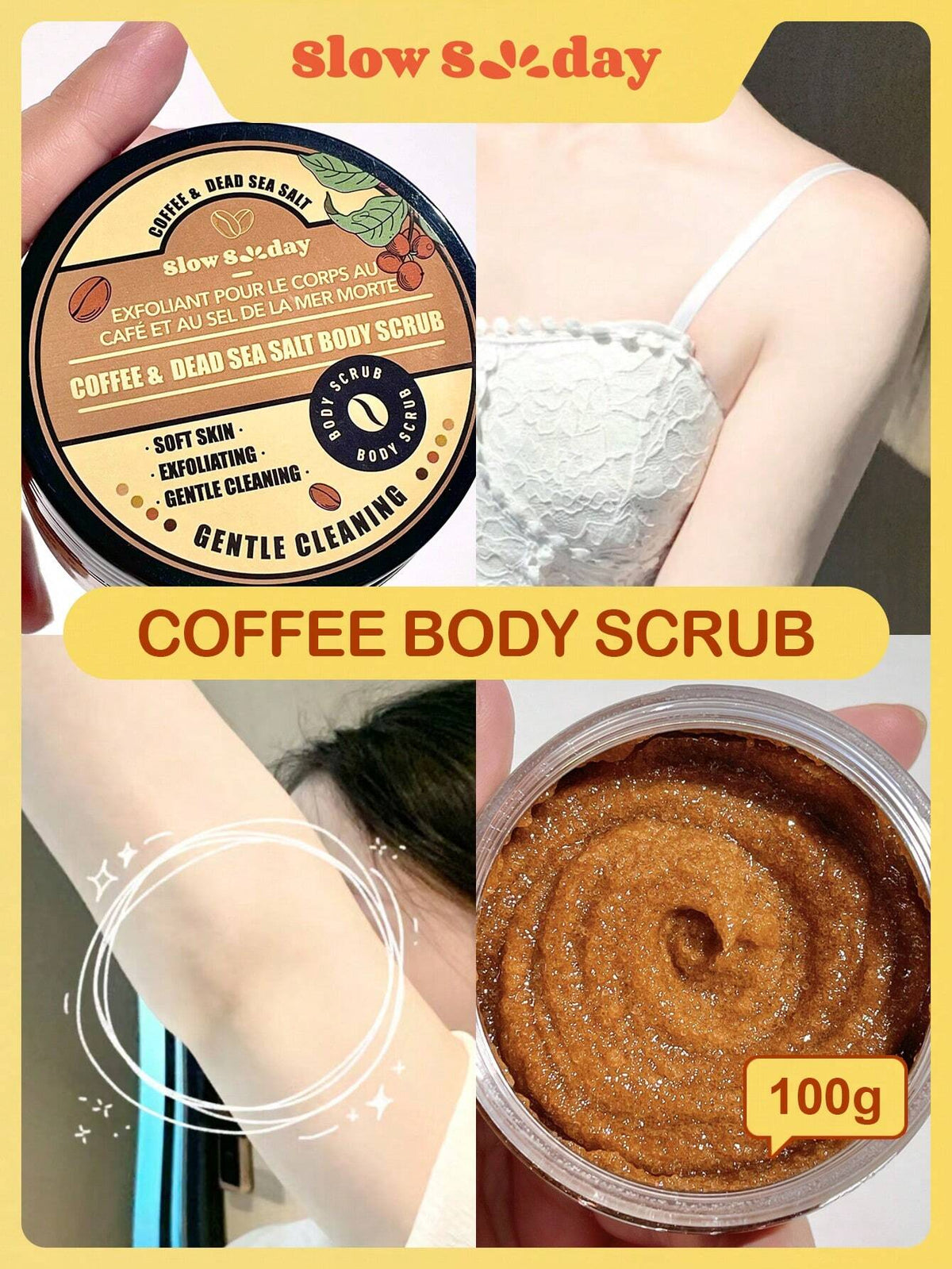 SLOWSUNDAY™ Coffee& Dead Sea Salt Body For Silky Smooth Skin Body Scrub Exfoliates & Restores Skin's Natural Nutrients 100ml