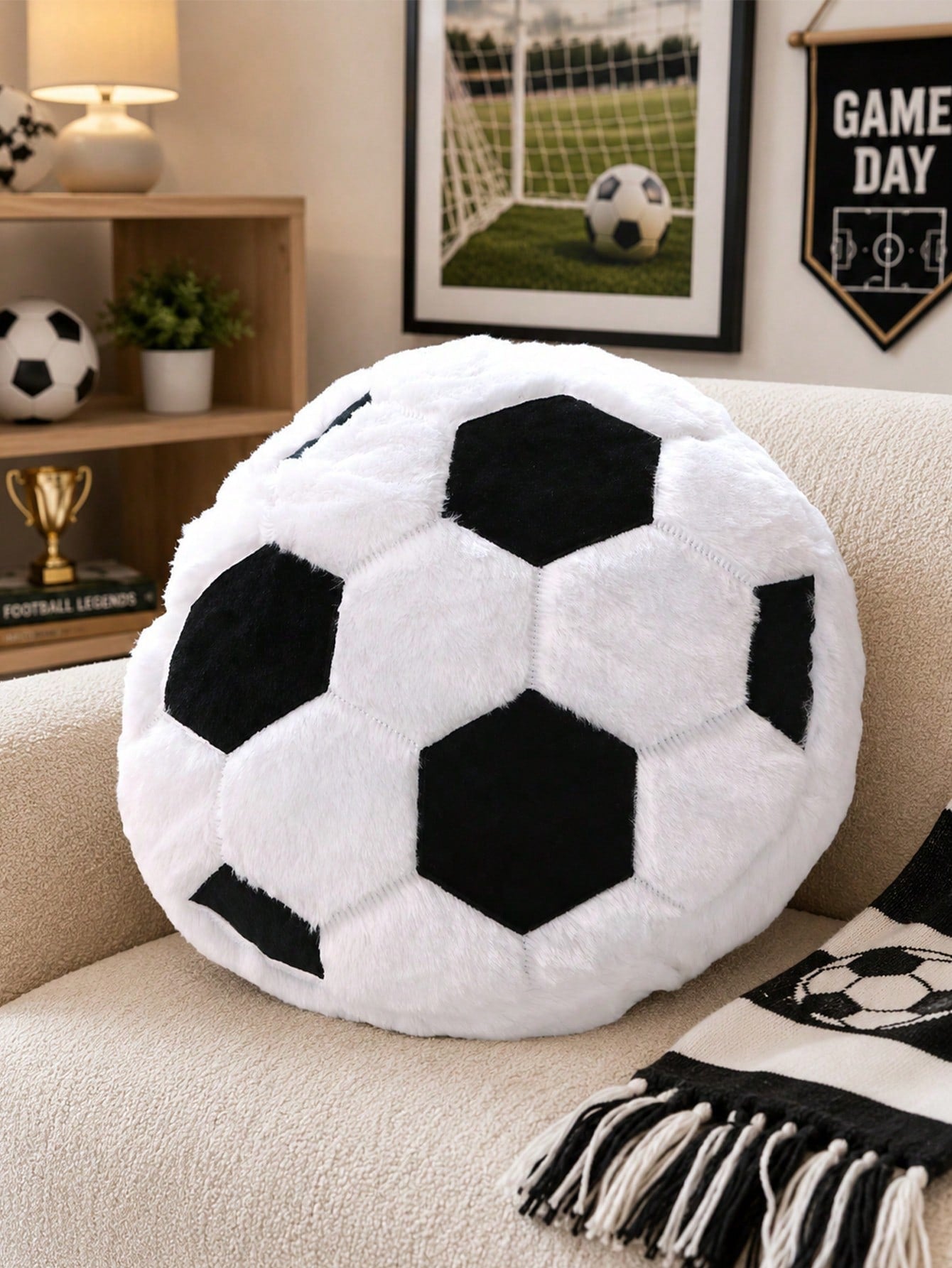 Soccer Plush Round Throw Pillow, Realistic Soccer Shaped Sofa Bedroom Cushion, Soft Fluffy Sports Style Decorative Pillow, Ideal Birthday Gift For Soccer Fans