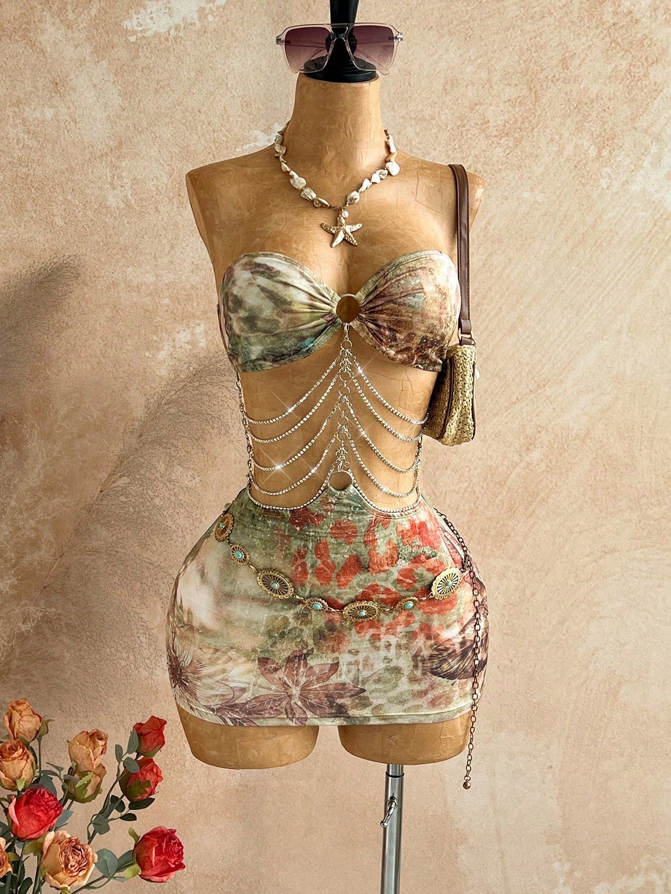 Soleia Brown Floral Hollow-Out Halter Mini Dress, Boho Vacation Holiday Outfit,Tropical Print Rhinestone Beach Cruise Party Music Festival,No Chest Padding