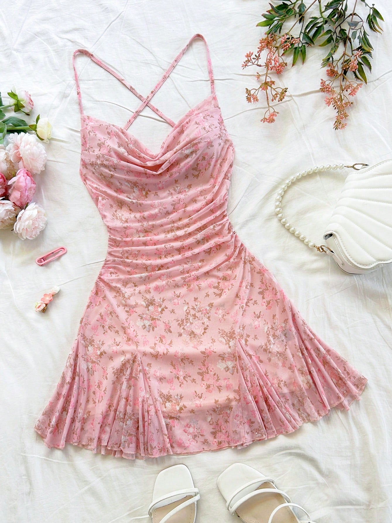 Soleia Women Pink Floral Spaghetti Strap Mini Dress, Casual Plunging Neckline Backless Tied Bow Mermaid Hem, Party Dates Beach Outfit Mesh No Chest Padding
