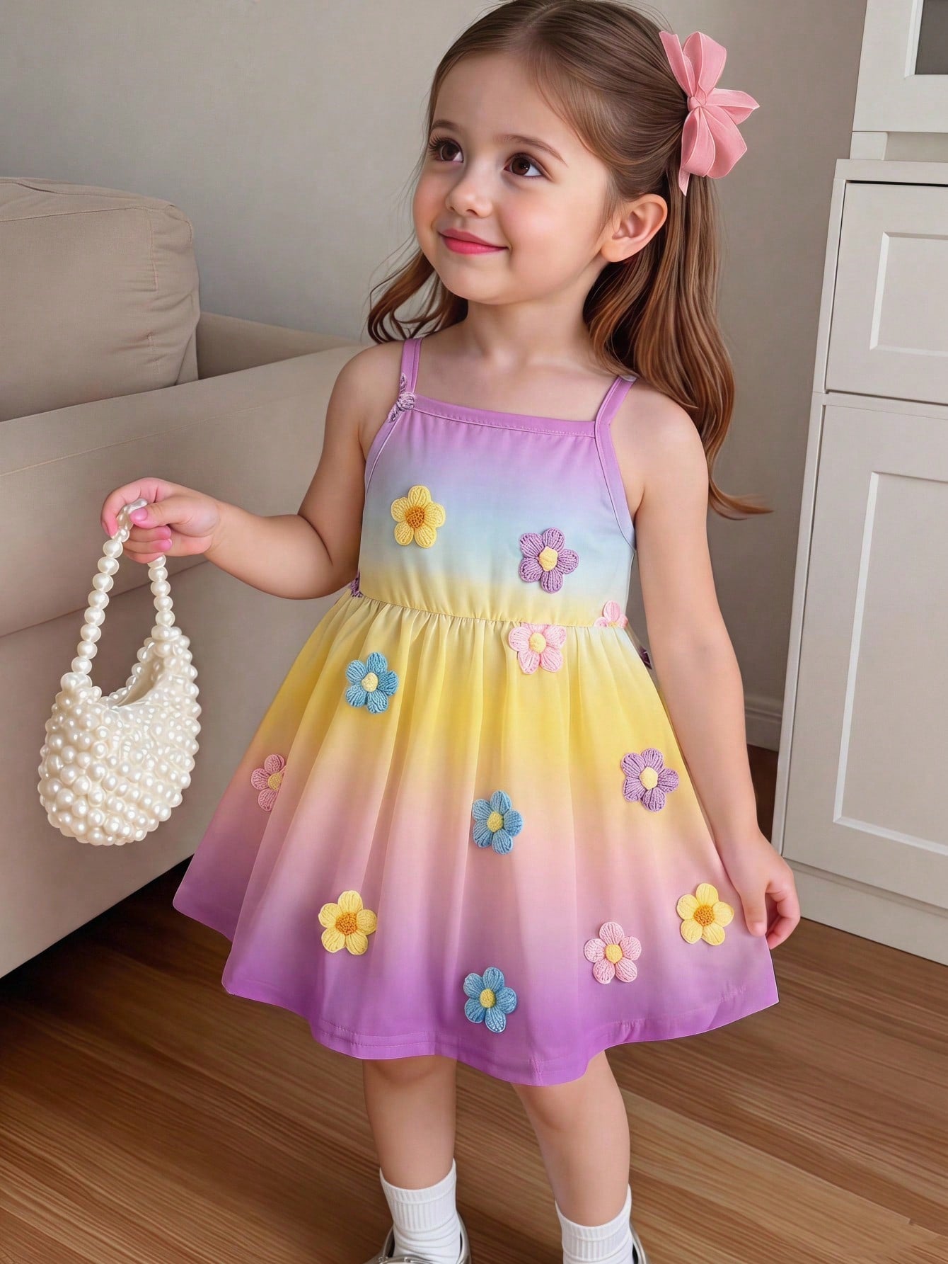 Souflis Souflis 1pc Baby Girls' Cute Colorful Gradient Floral Print Knit Comfortable Sleeveless Dress, Summer Outfit