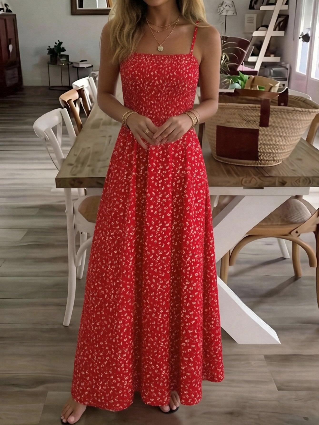 Summer Ditsy Floral Spaghetti Strap Midi Dress, Cinched Waist Flare Dress Suitable For Casual Vacation, Spring/Autumn Commute & Home, Date, Party, Beach, Elegant Summer Dress, Women Ditsy Floral Maxi