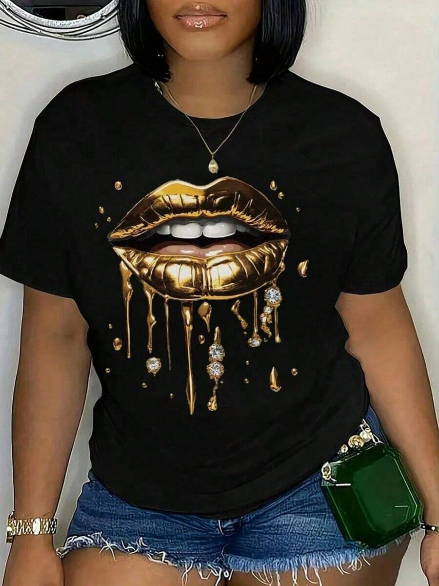 Summer Tops Women's Fashionable Golden Lip Print Round Neck Short Sleeve Casual T-Shirt Loose And Comfortable Tops For Women White Shirt Anti-Wrinkle Cotton T-Shirt