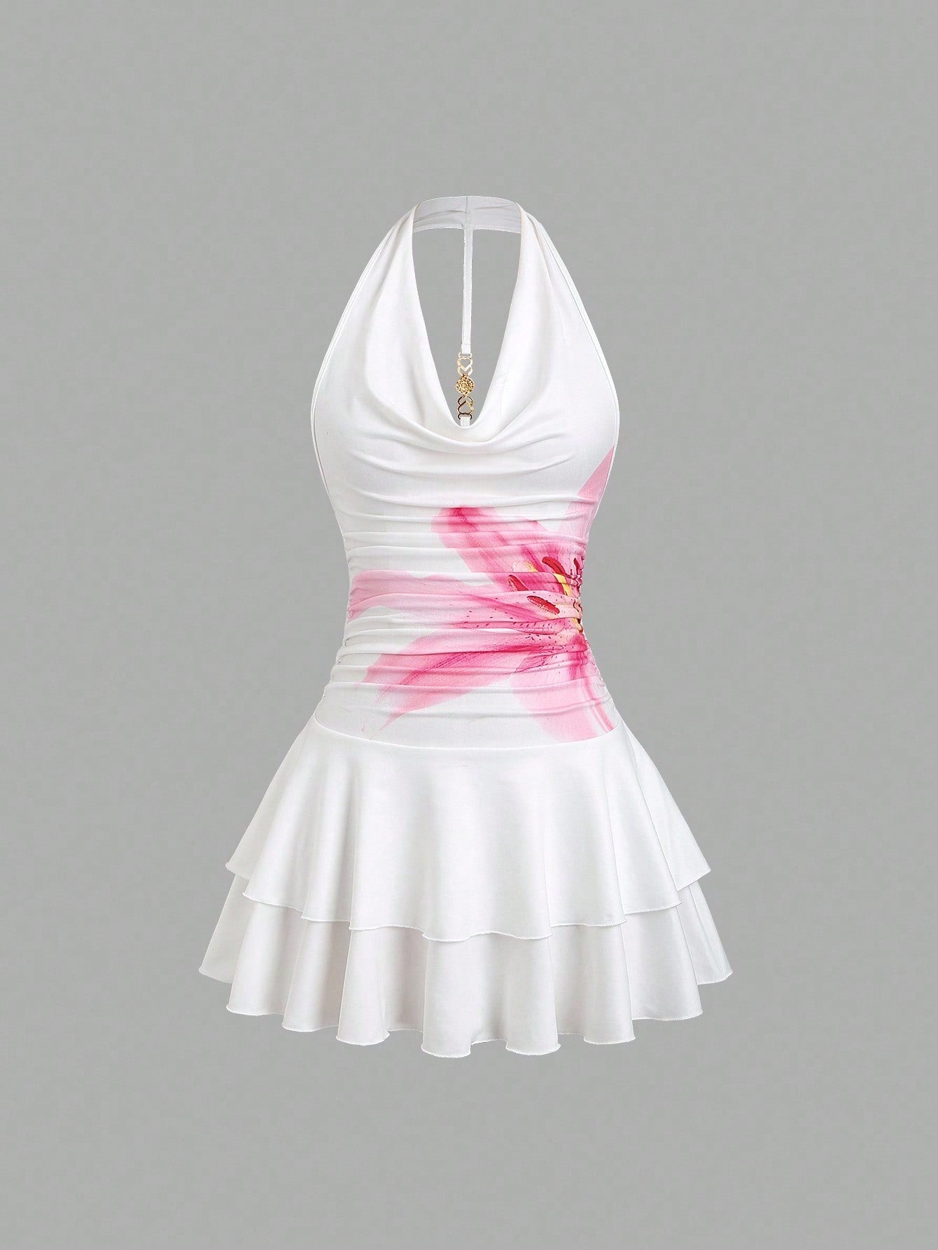 Sweetra Floral Print Draped Neck Backless Mini Dress
