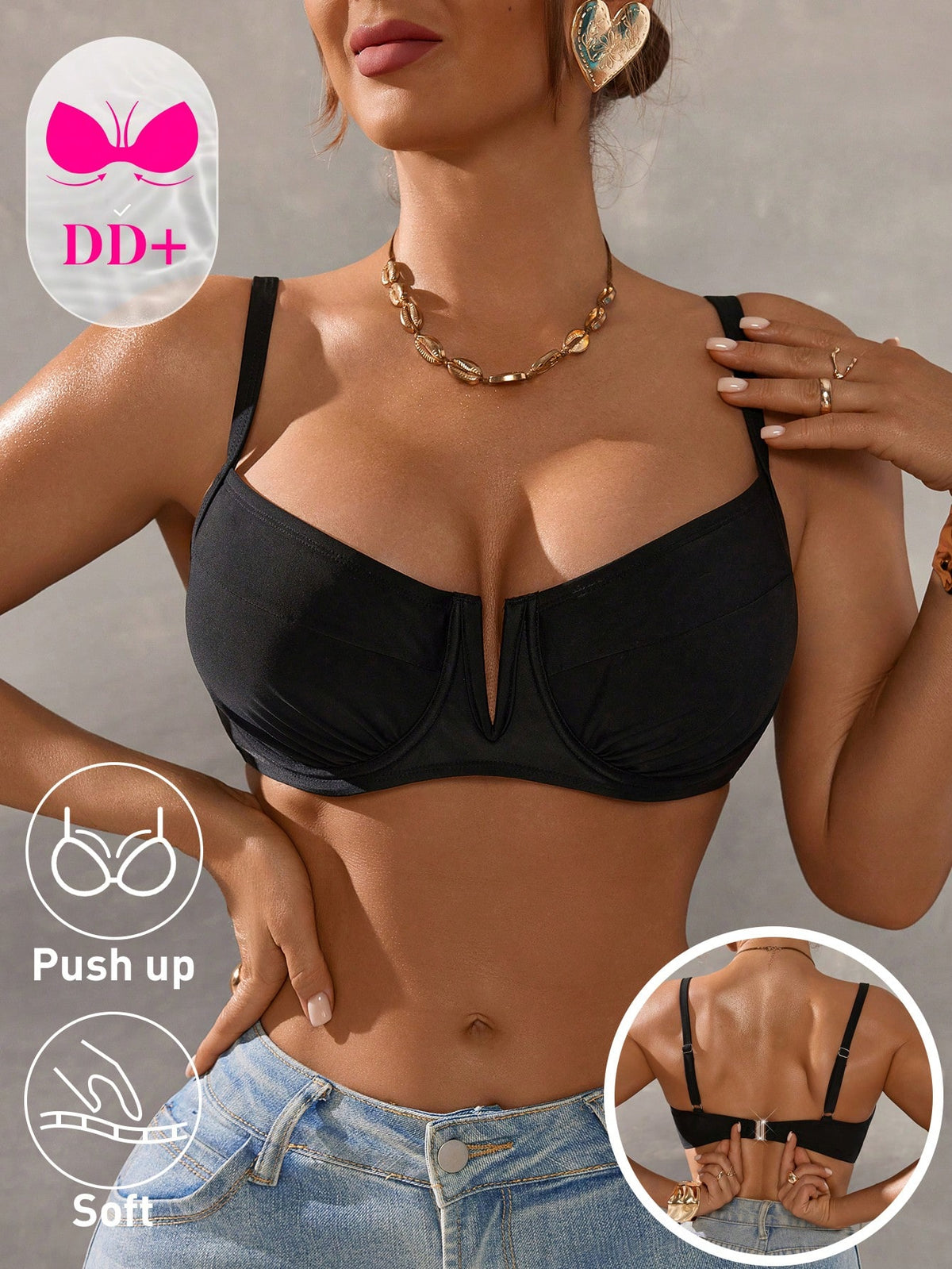 Swim DD+ Women Solid Color Spaghetti Strap Adjustable Back Clasp Front V-Neck Camisole