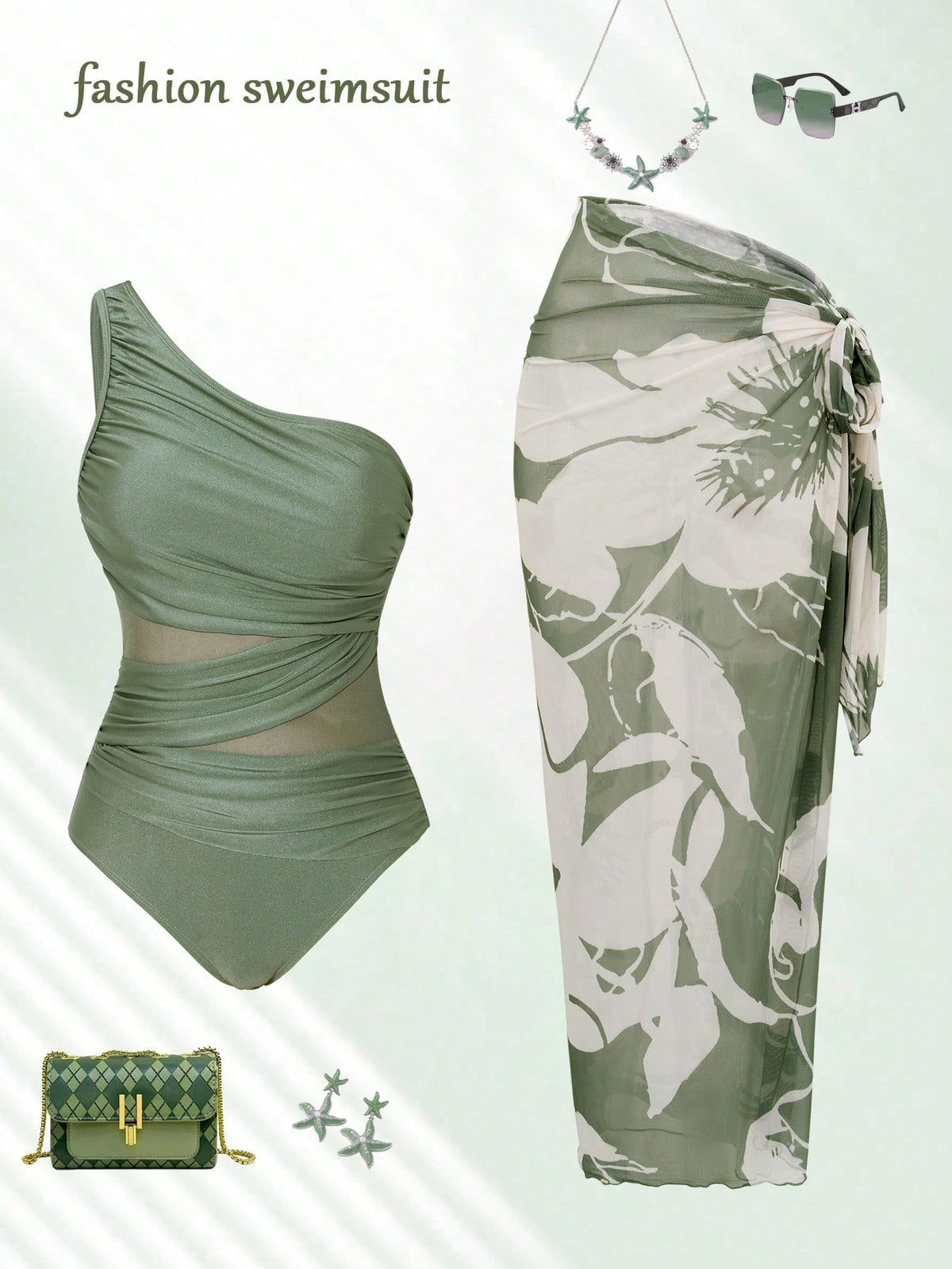 Swim Oasis Sage Green Women's Cute One Piece Swimsuit With Sarong,Summer Beach Holiday Bathing Suits,Elegant One Shoulder Mesh Modest Resort Wear Curve Outfit