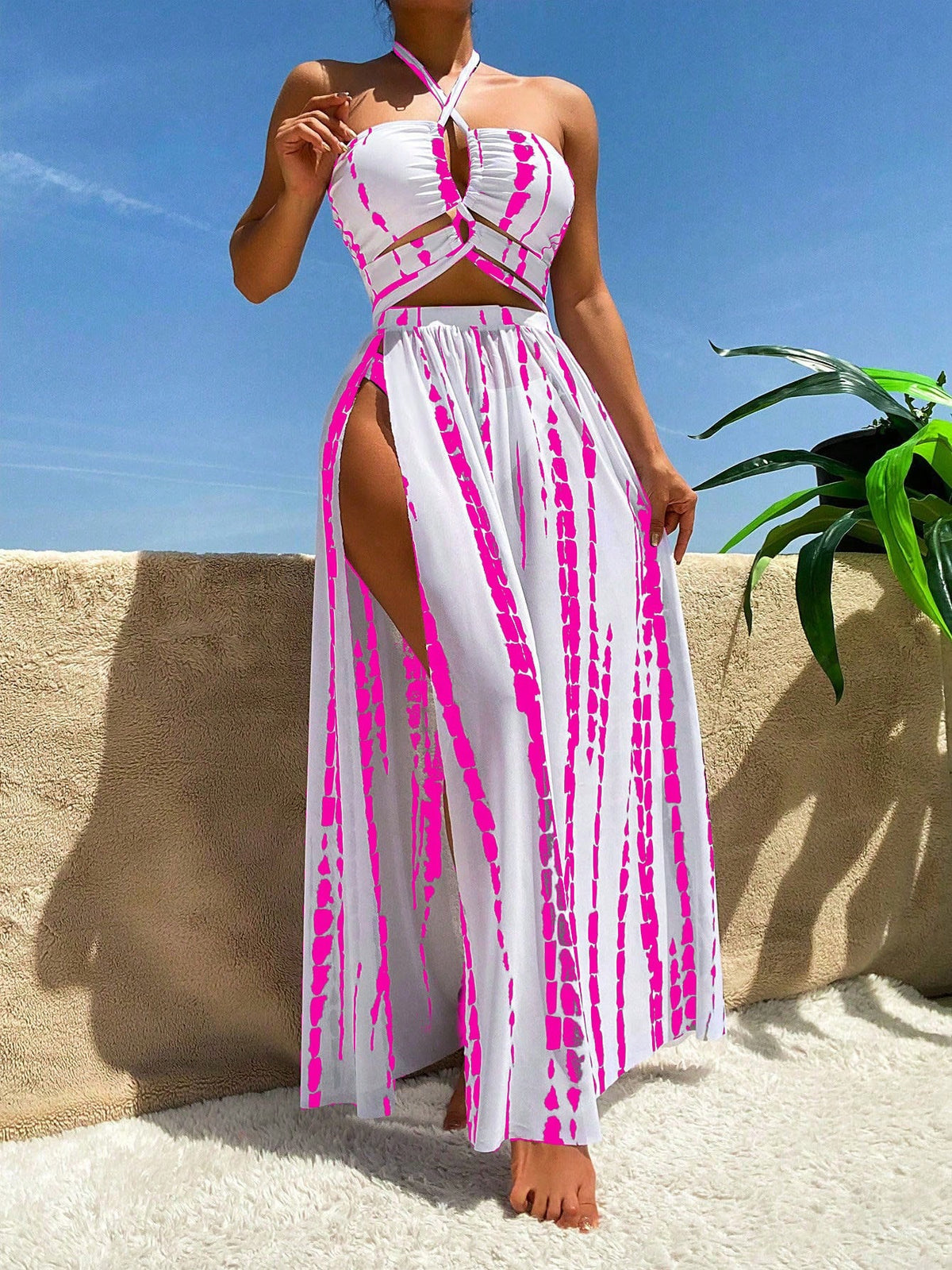 Swim Vcay Tie Dye Halter Bikini Set For Summer With Beach Skirt