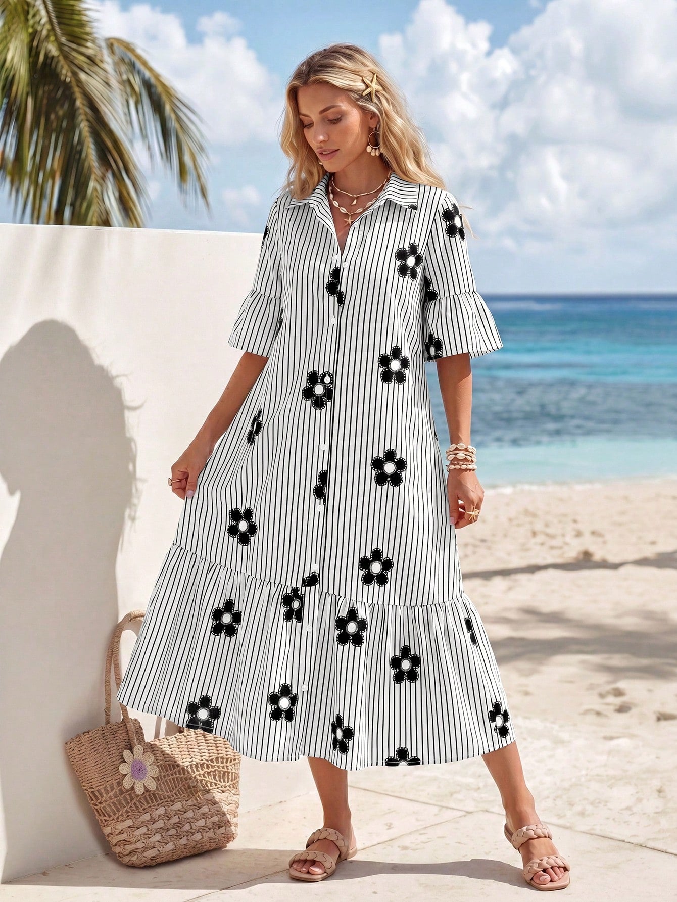 Sylviya Women's Casual Sexy Breezy European Boho Summer Open Front 3/4 Sleeve Dress For Vacation Beach Holiday Black And White Floral Outfits