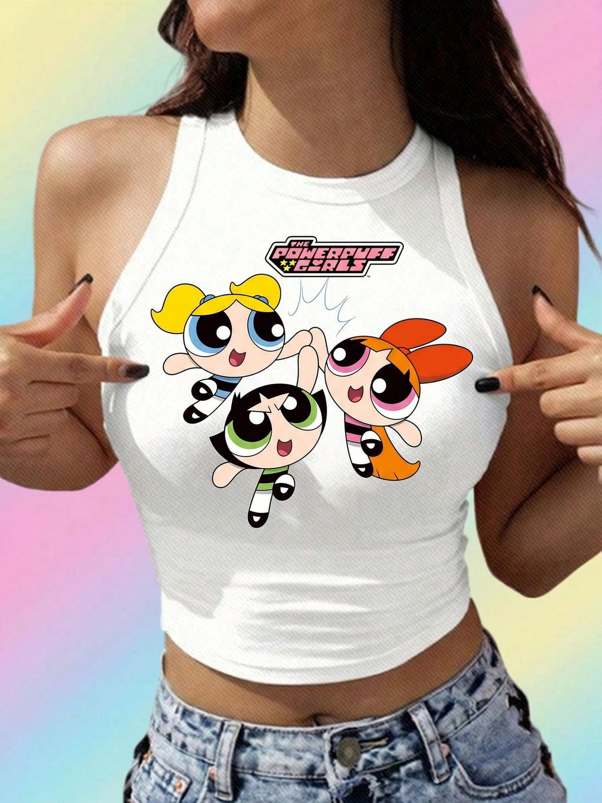 THE POWERPUFF GIRLS X Women's Casual Summer Blossom, Bubbles, Buttercup Pattern White Cropped Tank Top,Outwork/Vacation
