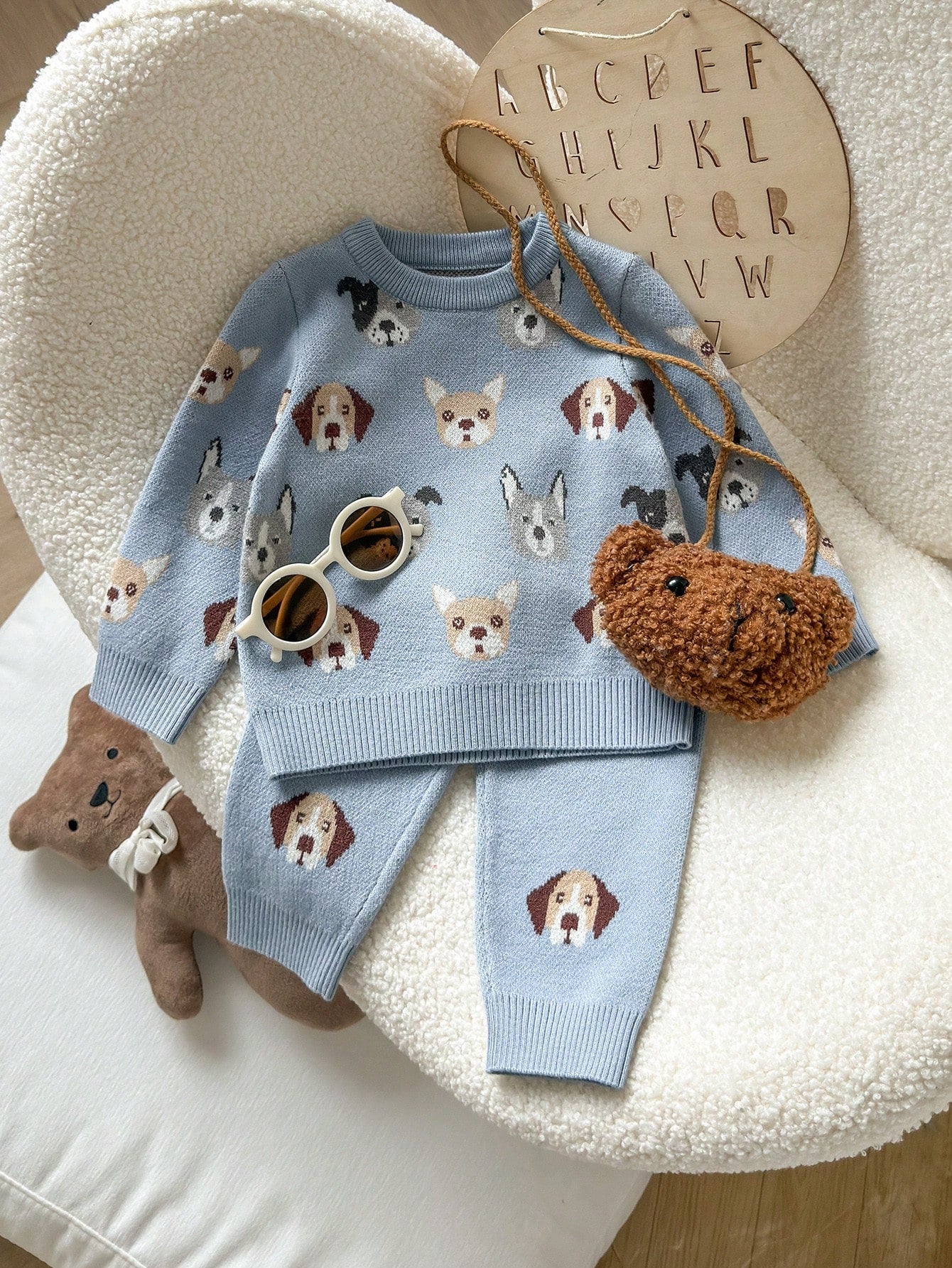 Toddler Boys' Fashionable Blue Jacquard Knit Sweater & Pants Set,Cute Autumn Dog Print Baby Clothes,Newborn Winter Pullover Outfits Matching Family
