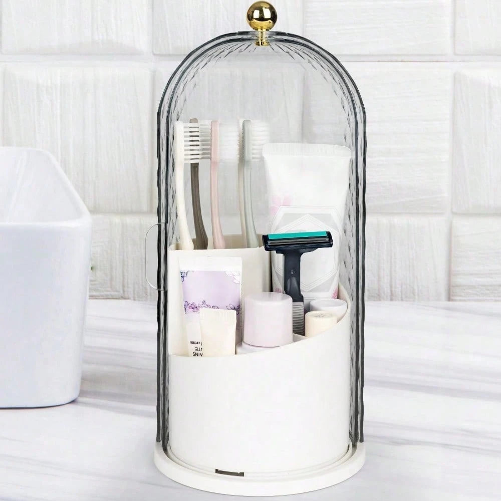 Toothbrush Holders With Sliding Lid, Rotating 3 Slots Bathroom Organizer Countertop, Tooth Brush Toothpaste Holder Bathroom Counter Stand Caddy For Vanity Makeup Brushes Holder